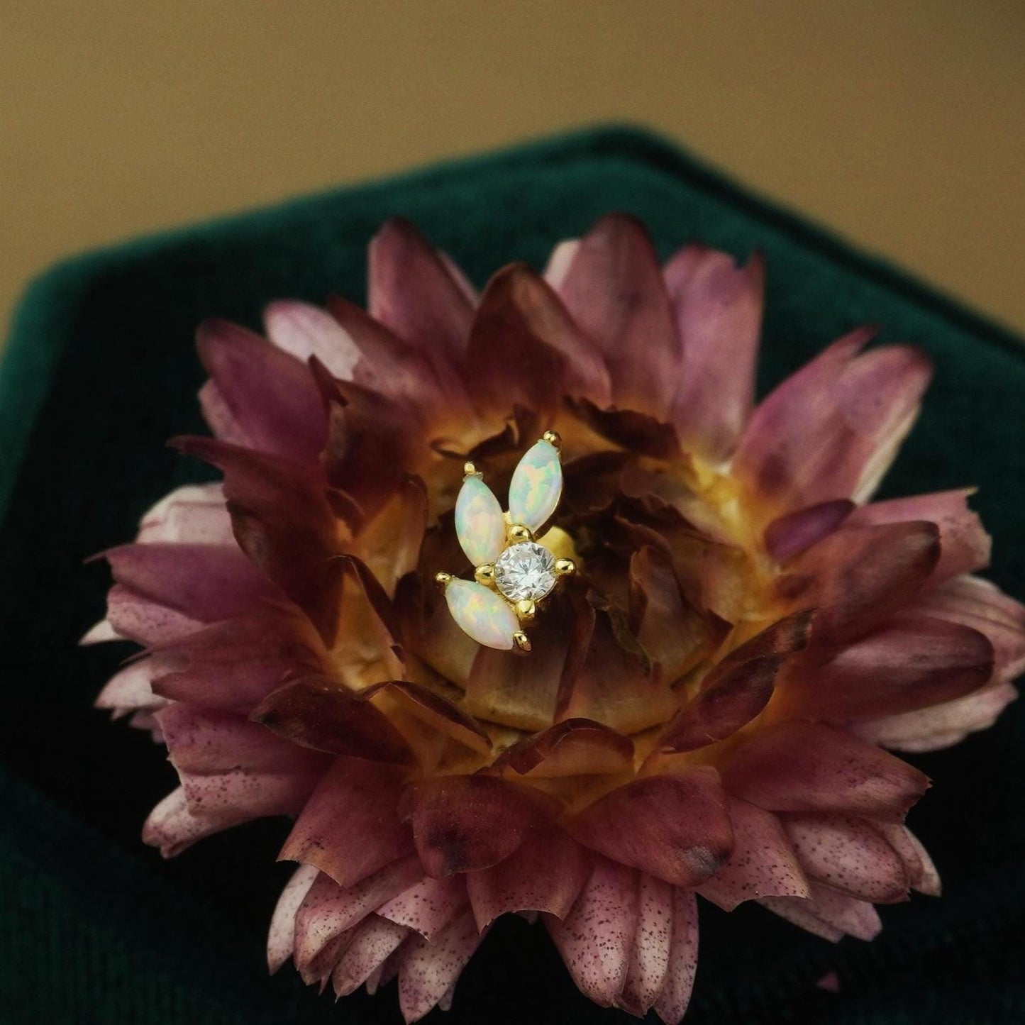 1 pc of Fire Opal Marquise Leaf & CZ Stud Earring in Gold Plated over Sterling Silver