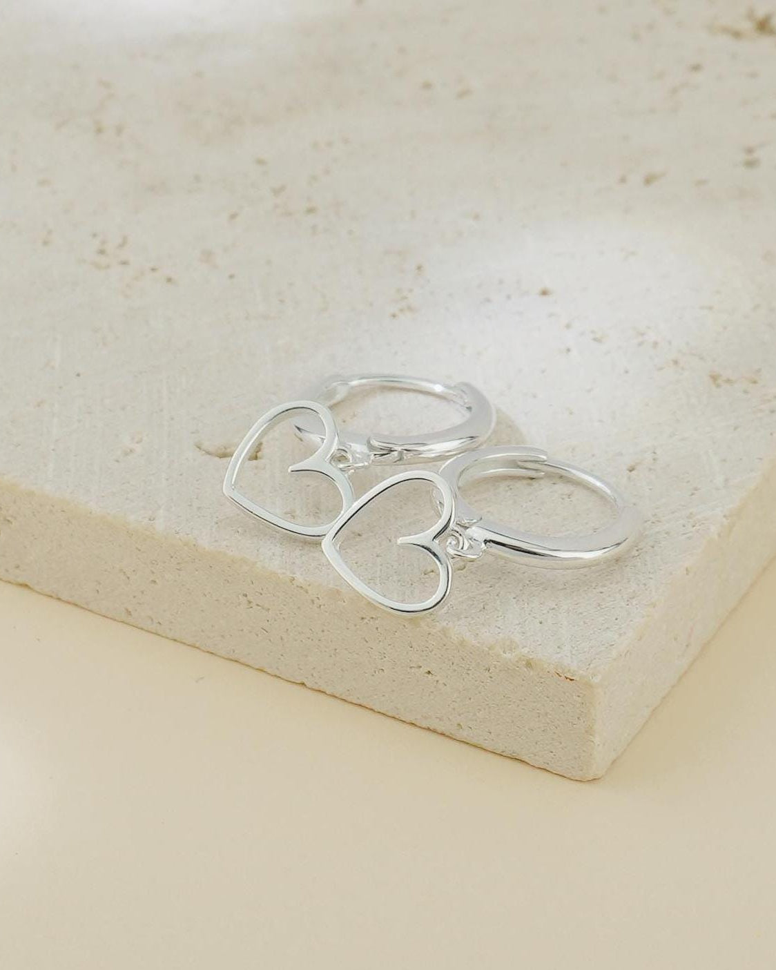 Pair of Sterling Silver Open Heart Dangly Charm Huggie Hoop Earrings