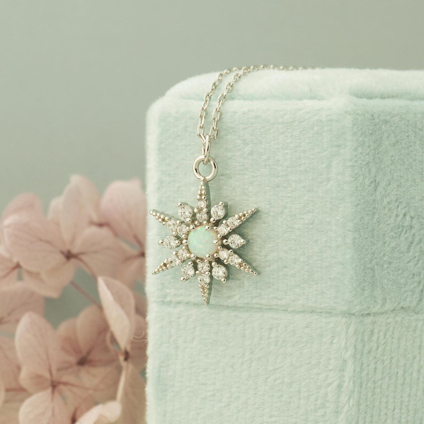 Sterling Silver Fire Opal Sun Pendant Necklace in Rhodium or 14ct Gold Plated, 40+5cm Cable Chain, Celestial Sunburst Starburst