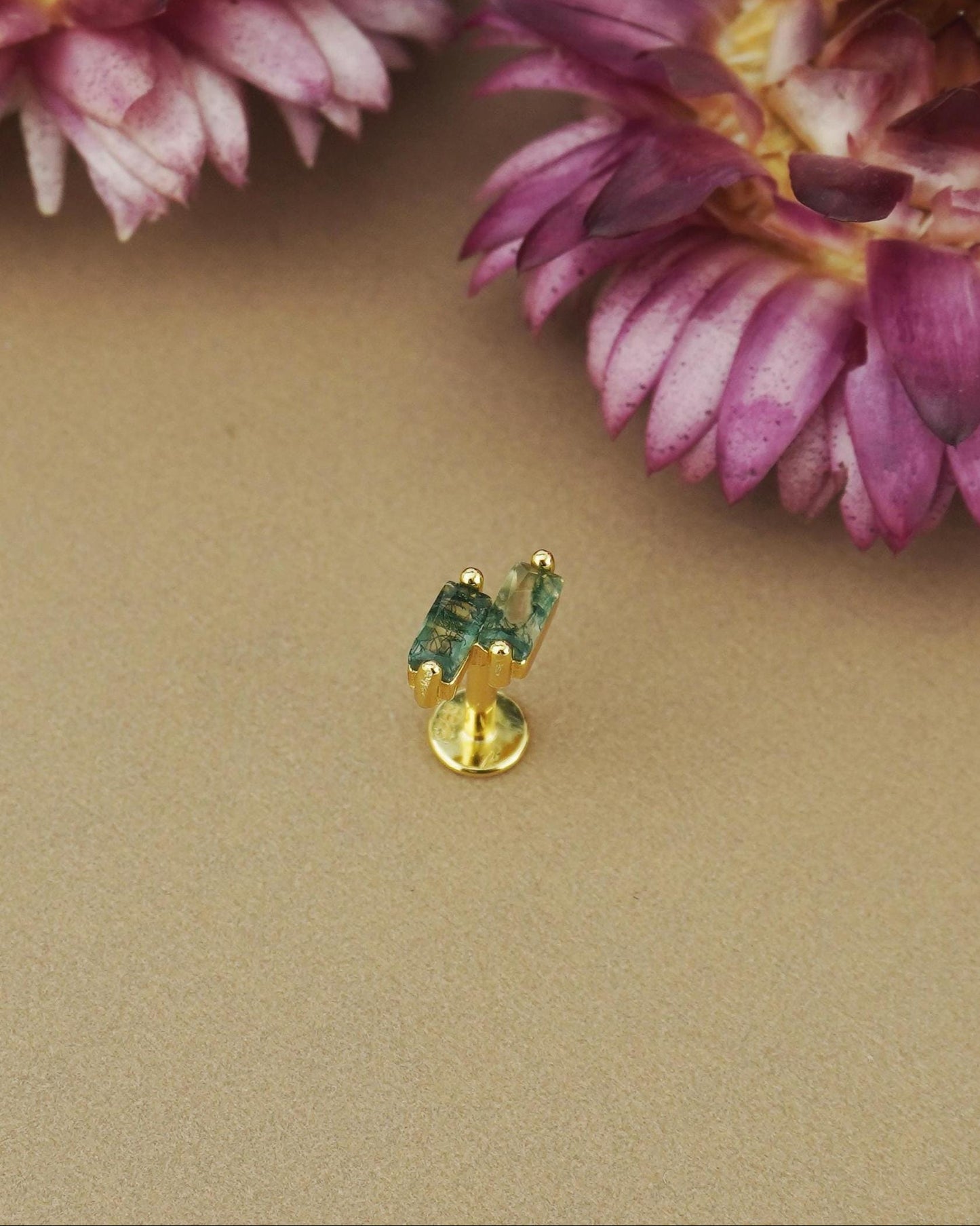 1 pc of Natural Green Moss Agate Double Baguette Stud Earring in Gold Plated over Sterling Silver, Cartilage Helix Lobe Piercing