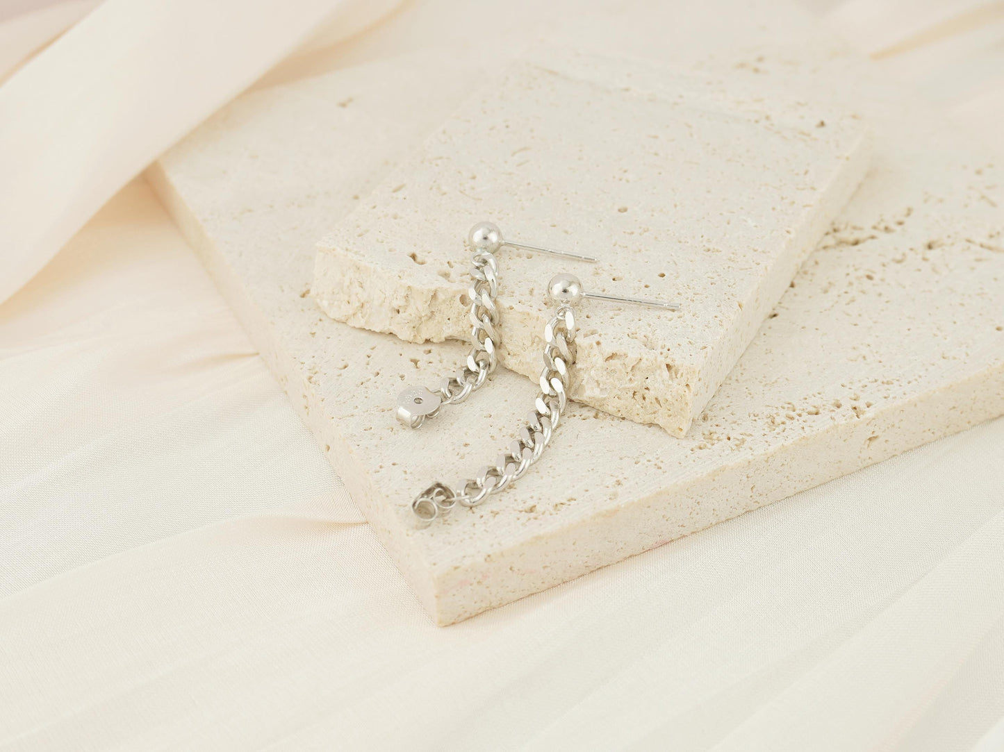 1 pc of Sterling Silver Chunky Bold Curb Chain Stud Earring, Front & Back Minimal Ear Jacket, Cuban Drop Tassel Lobe Piercing, Available in 3cm and 4cm