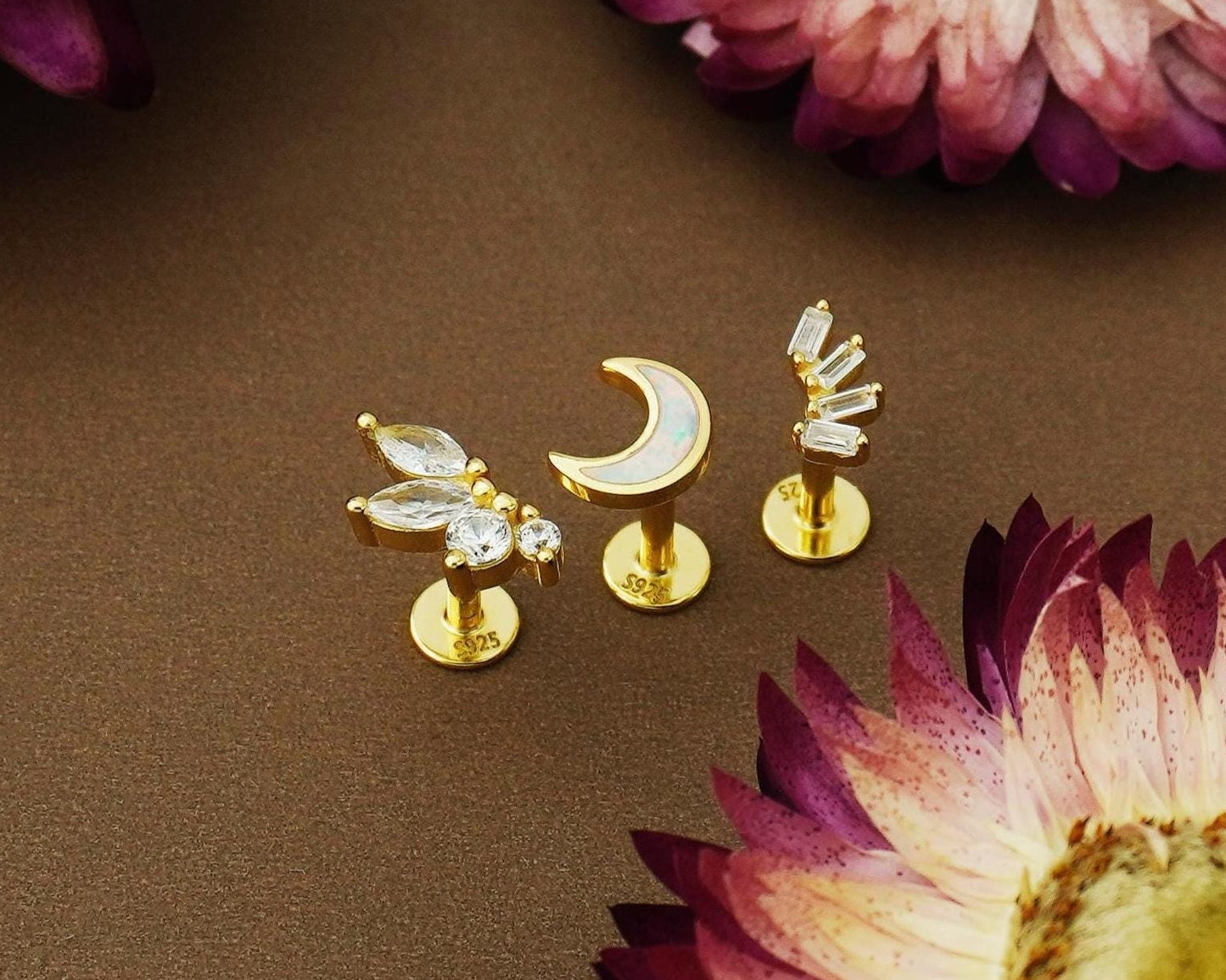 1 pc of CZ / Fire Opal Stud Earring in Gold Plated over Sterling Silver, Tiny Baguette / Marquise / Moon Design, 6mm or 8mm Post