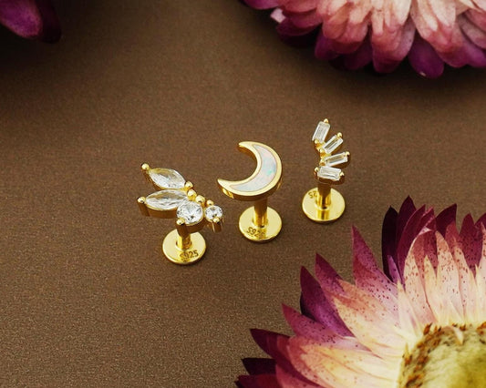 1 pc of CZ / Fire Opal Stud Earring in Gold Plated over Sterling Silver, Tiny Baguette / Marquise / Moon Design, 6mm or 8mm Post