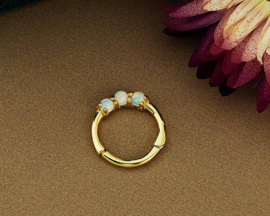 1 pc of 16G Hinged Fire Opal Daith Earring Hoop in 18ct Gold Plated over Sterling Silver, Helix Cartilage Clicker