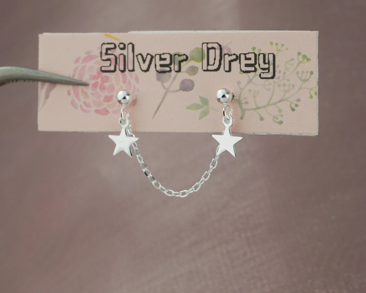 Pair of Double Stellar Stud Earrings in Sterling Silver, Dangly Celestial Twin Stars on Chain