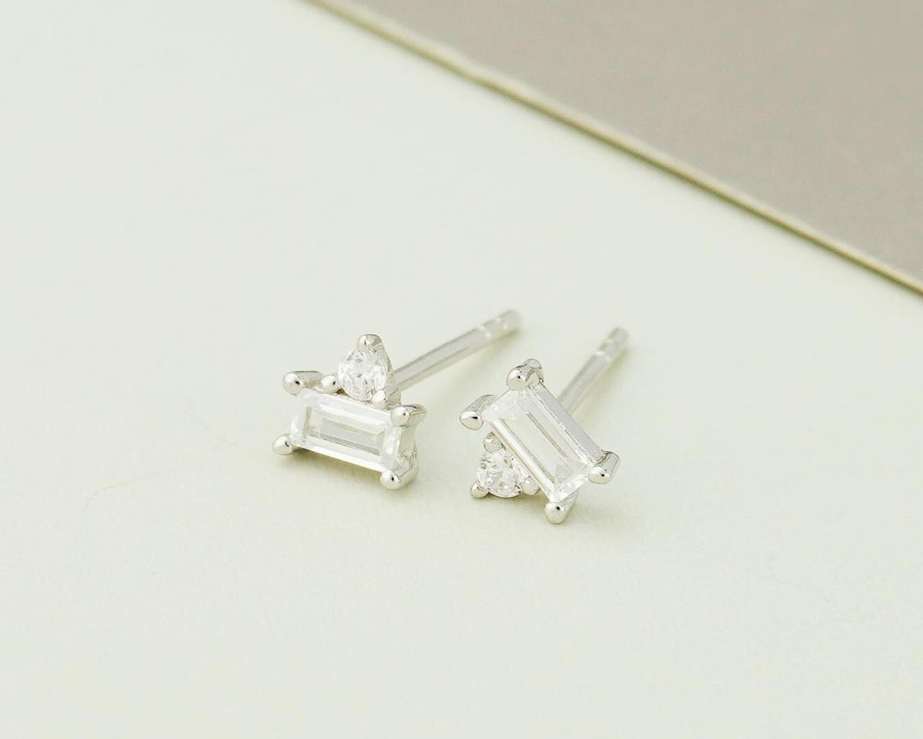 Pair of CZ Sterling Silver Stud Earrings in Rhodium or 18ct Gold Plated, Brilliant Cut & Baguette Duo Stacked Stone
