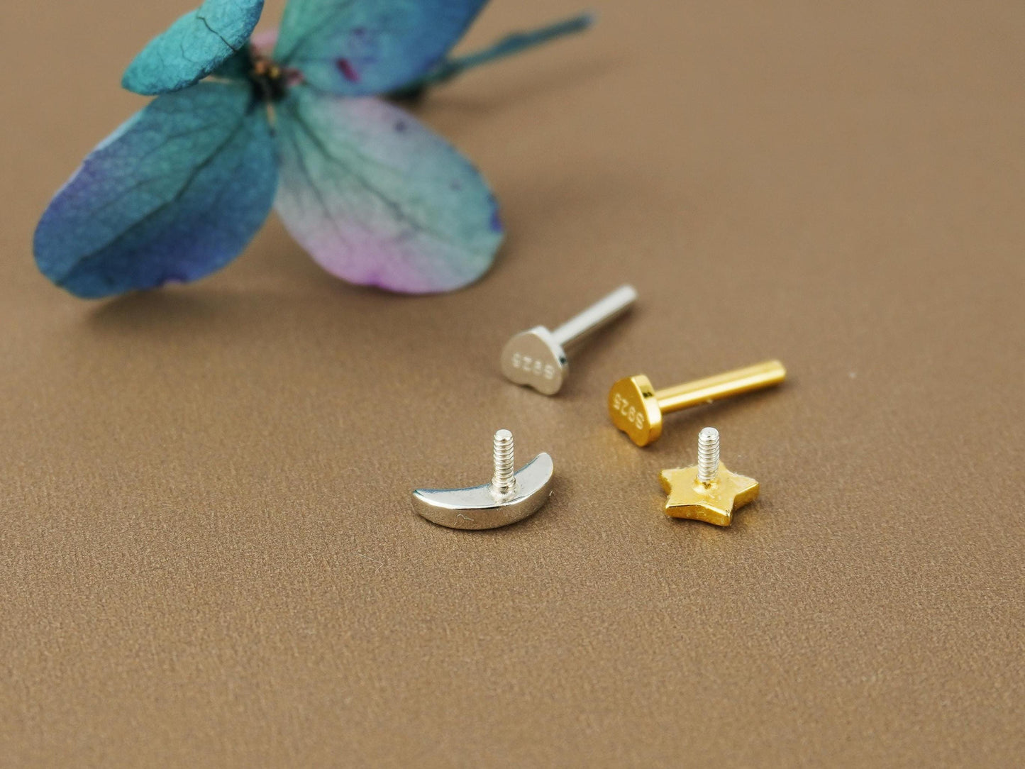 Pair of Sterling Silver Tiny Crescent Moon & Star Stud Earrings in Silver or Plated Gold