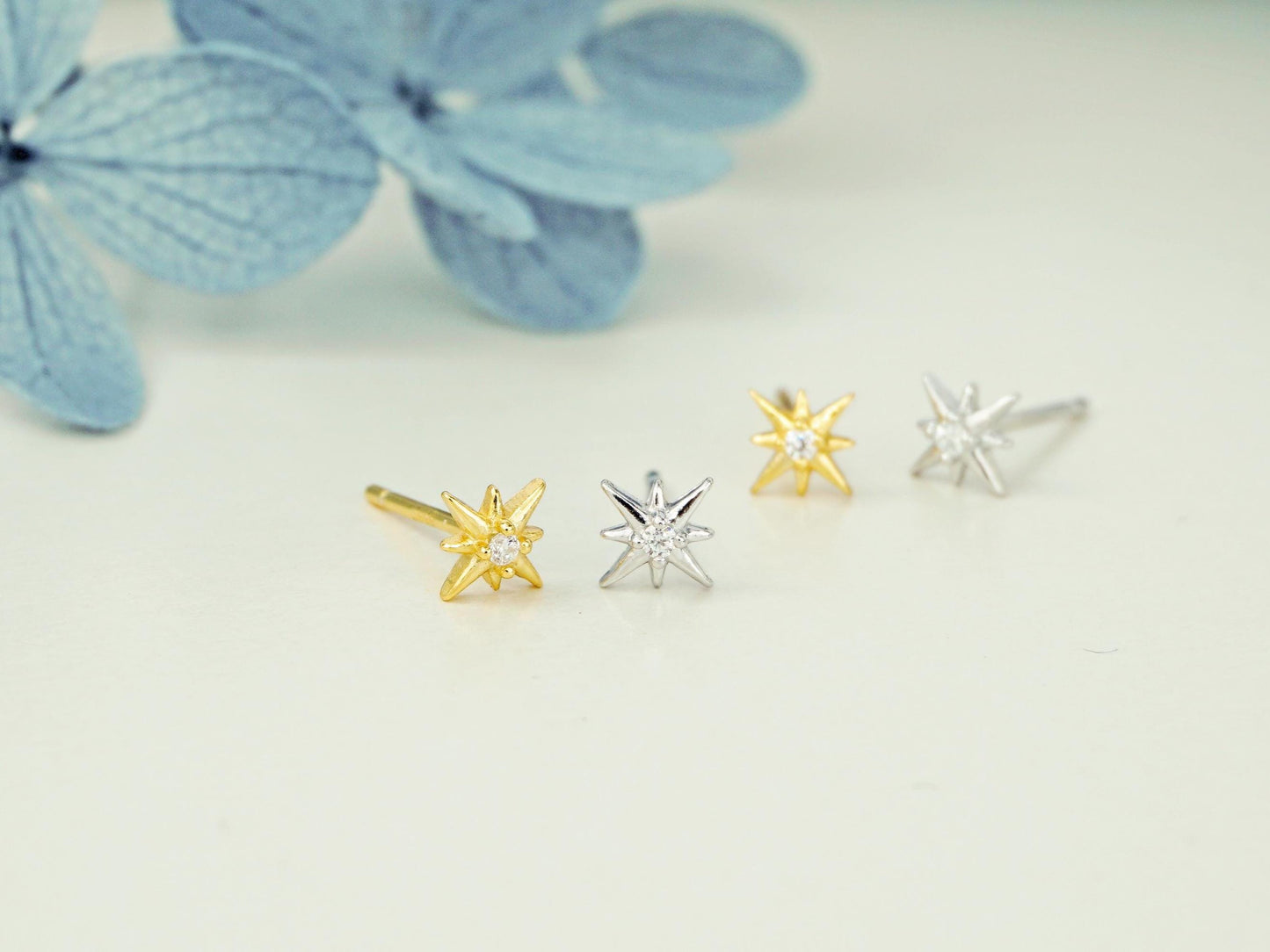 Pair of Starburst Stud Earrings in Sterling Silver or 18ct Plated Gold with CZ Crystal
