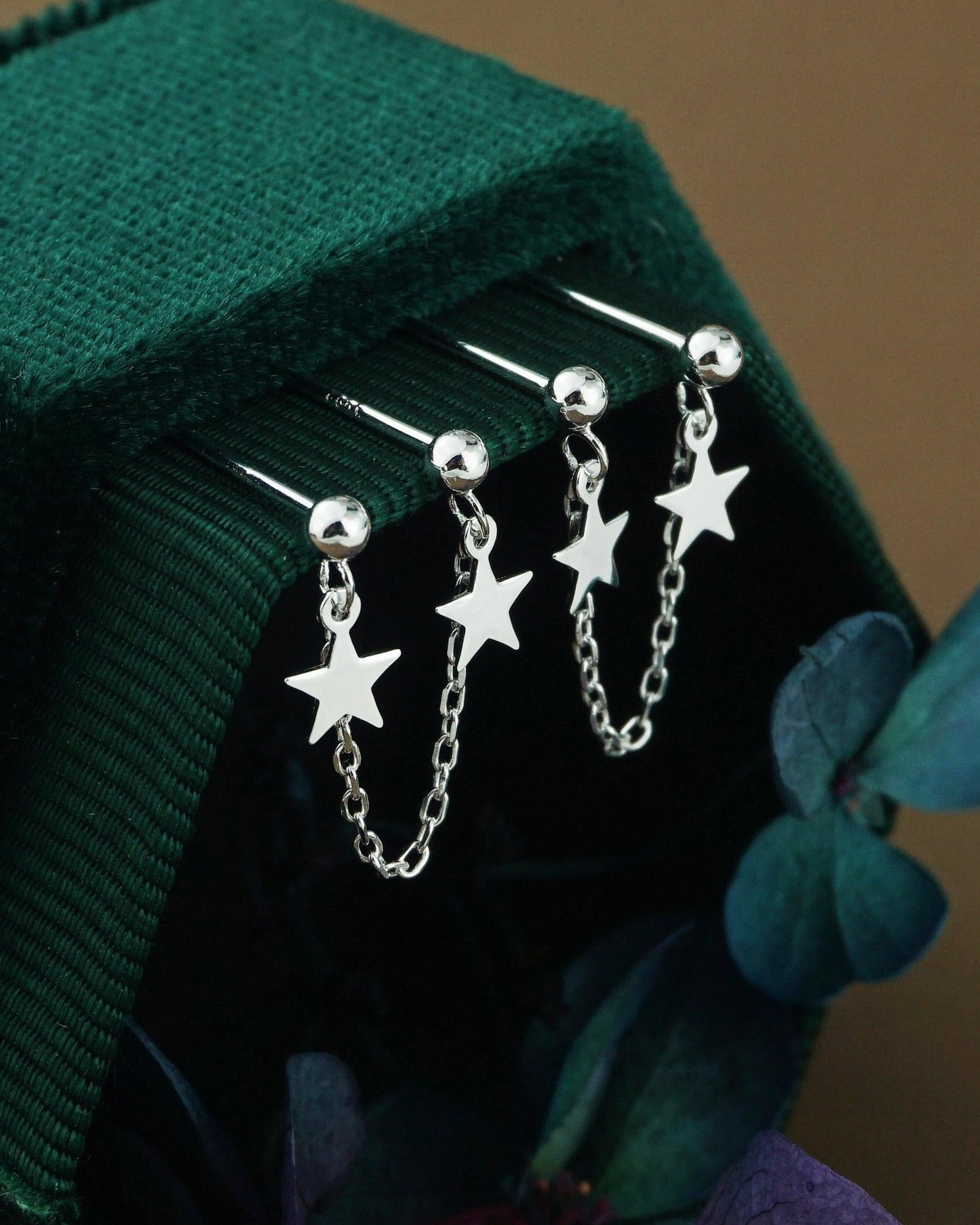 Pair of Double Stellar Stud Earrings in Sterling Silver, Dangly Celestial Twin Stars on Chain