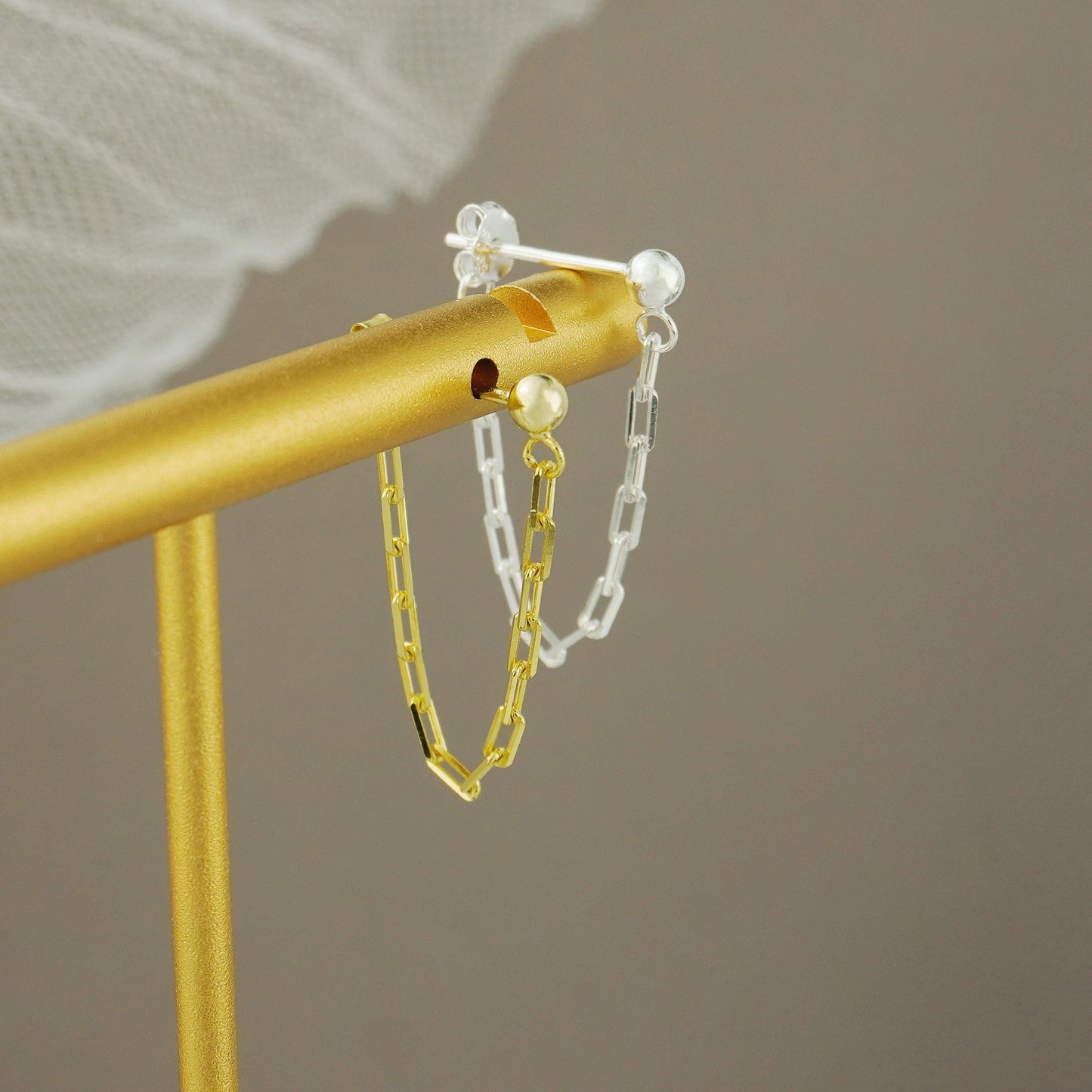 Pair of Paperclip Chain Stud Earrings in Sterling Silver or 18ct Gold Plated, Tiny Front & Back Ear Jacket