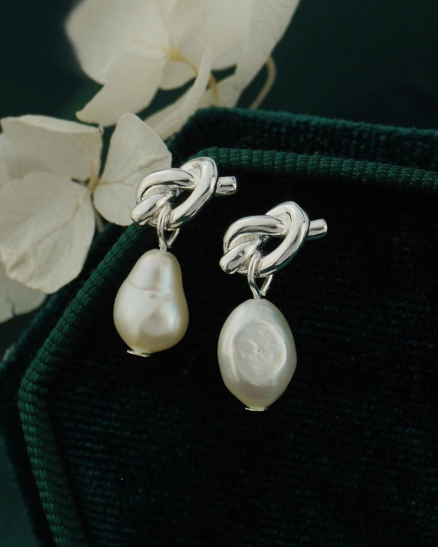 Pair of Natural Freshwater Baroque Pearl Stud Earrings in Sterling Silver, Rose or 18ct Gold Plated, Love Knot Wedding Bridesmaid Gift