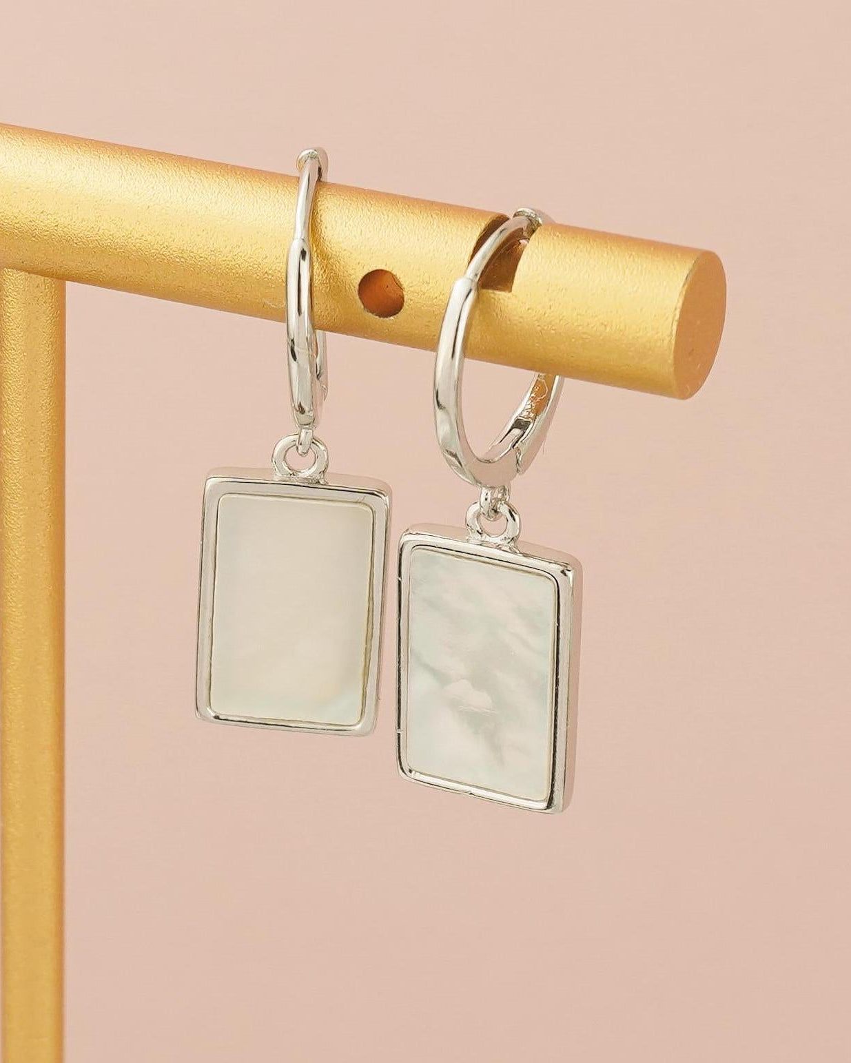 Pair of Dangly Rectangle Shell Charm Sterling Silver Hoop Earrings in Rhodium or 18ct Gold Plated