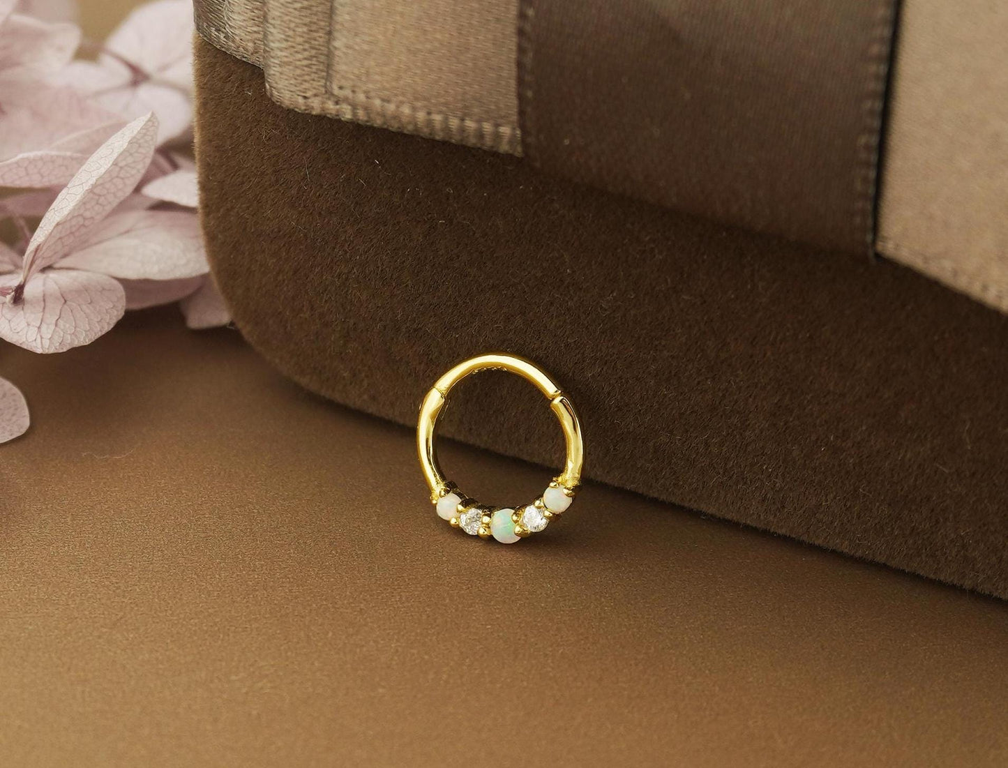 1 pc of 18G Hinged Opal & CZ Stone Daith Earring Hoop in 18ct Gold Plated over Sterling Silver, Helix Cartilage Clicker