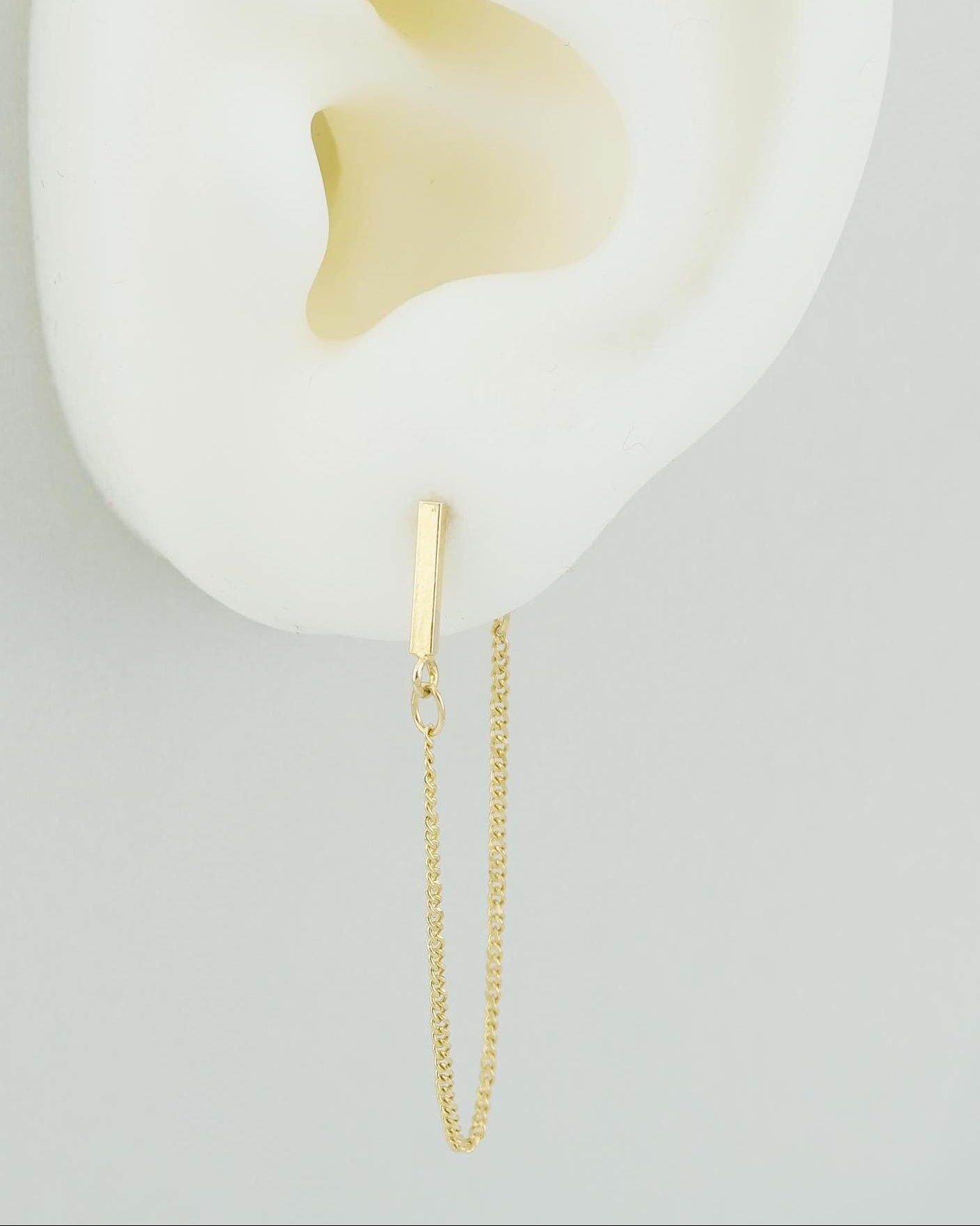 Skinny Bar Stud Earring with Long Dangling Front & Back Chain, 18ct Gold Plated over Sterling Silver, Minimal Geometric Ear Jacket
