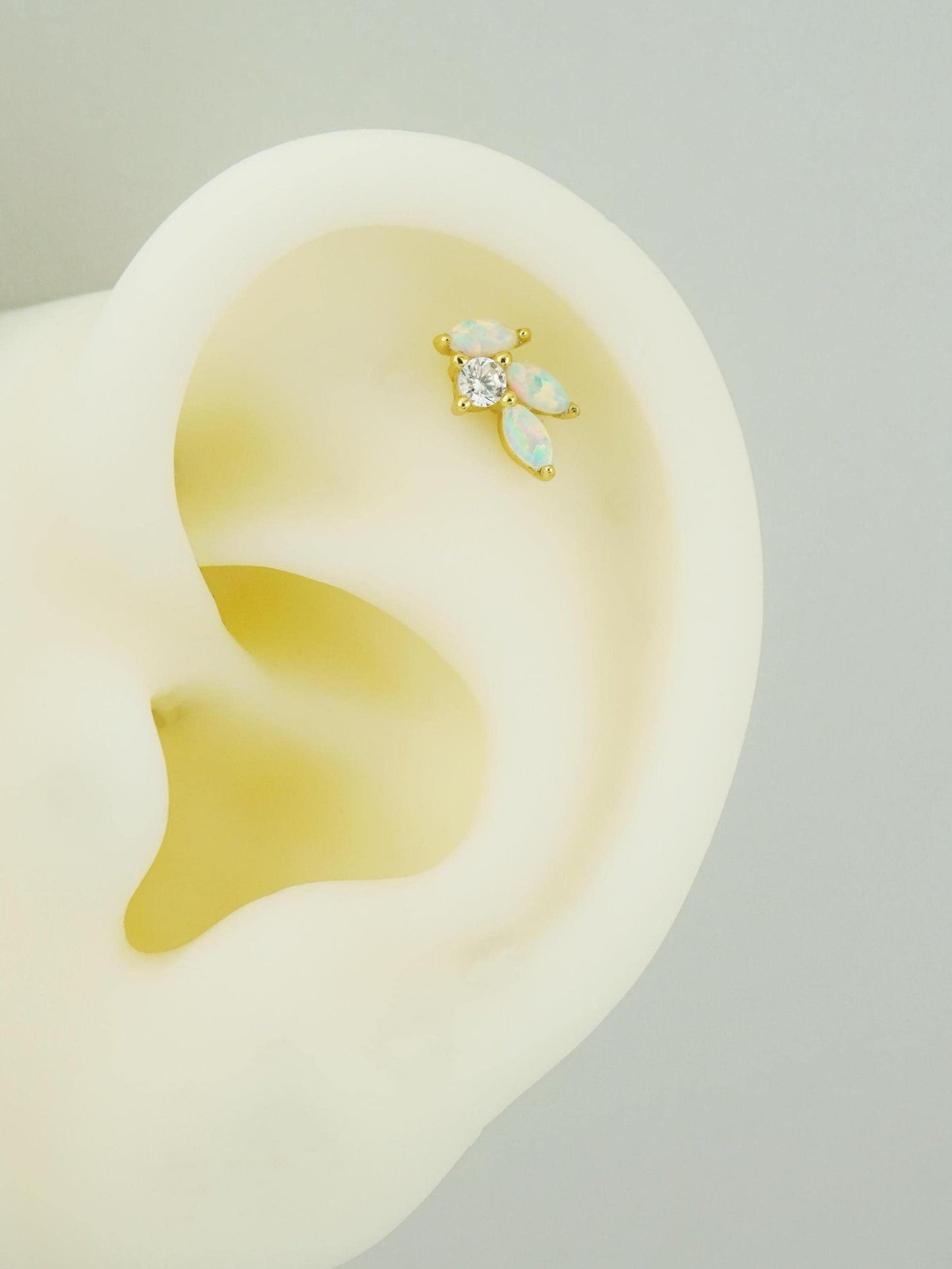 1 pc of Fire Opal Marquise Leaf & CZ Stud Earring in Gold Plated over Sterling Silver