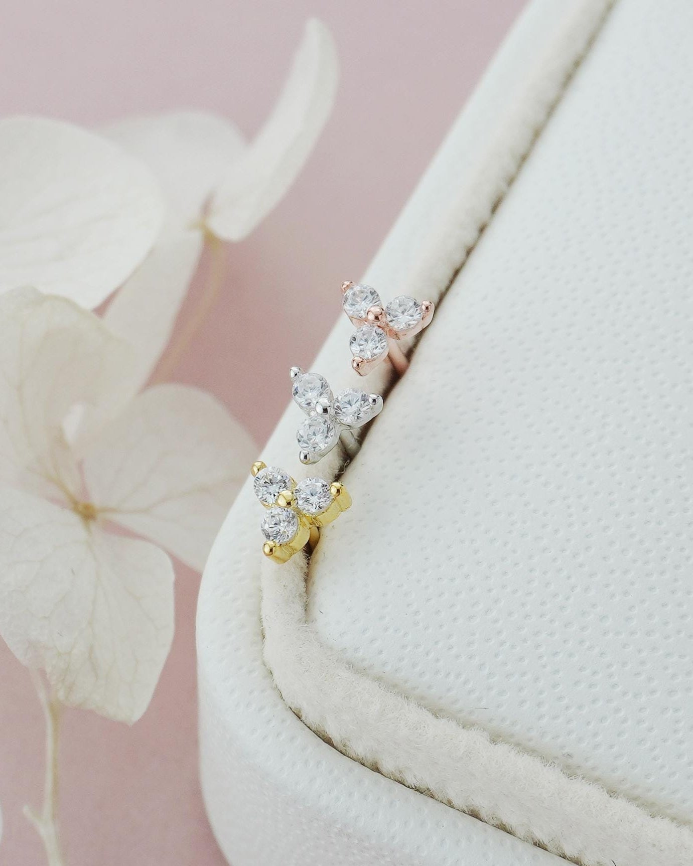 Pair of Tiny Trinity CZ Sterling Silver Stud Earrings in Rhodium, 18ct Gold or Rose Gold Plated, Trio Triangle Stacking Jewelry