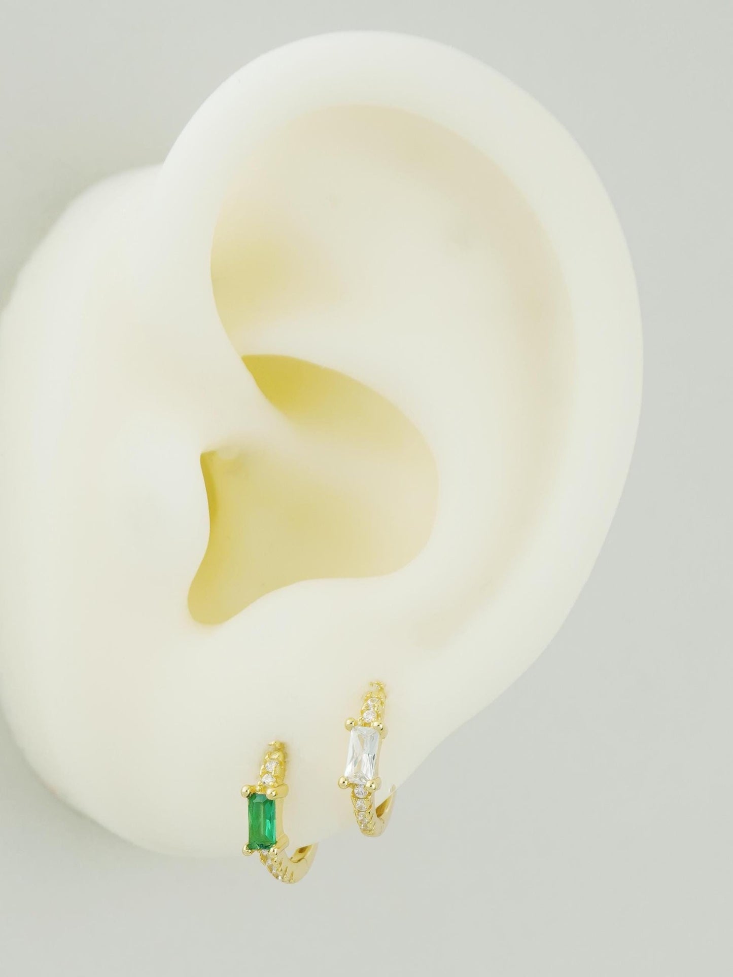 Pair of Baguette Emerald Green / Clear CZ Huggie Hoop Earrings in Sterling Silver or Plated Gold, Rectangular Gem Ear Jewelry