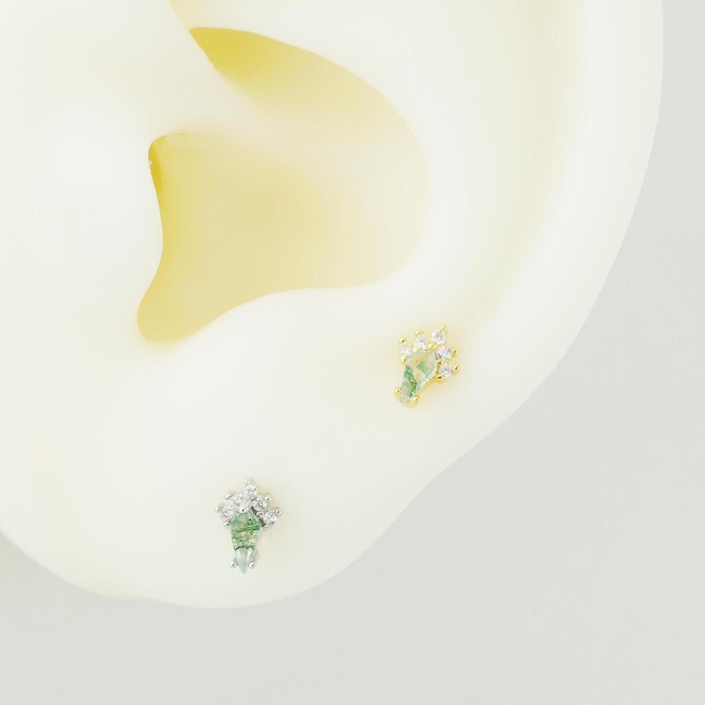 1 pc of Natural Green Moss Agate Kite Shape Flat Back Stud Earring in Sterling Silver or Plated Gold, Dainty CZ Helix Tragus Cartilage Piercing Jewelry