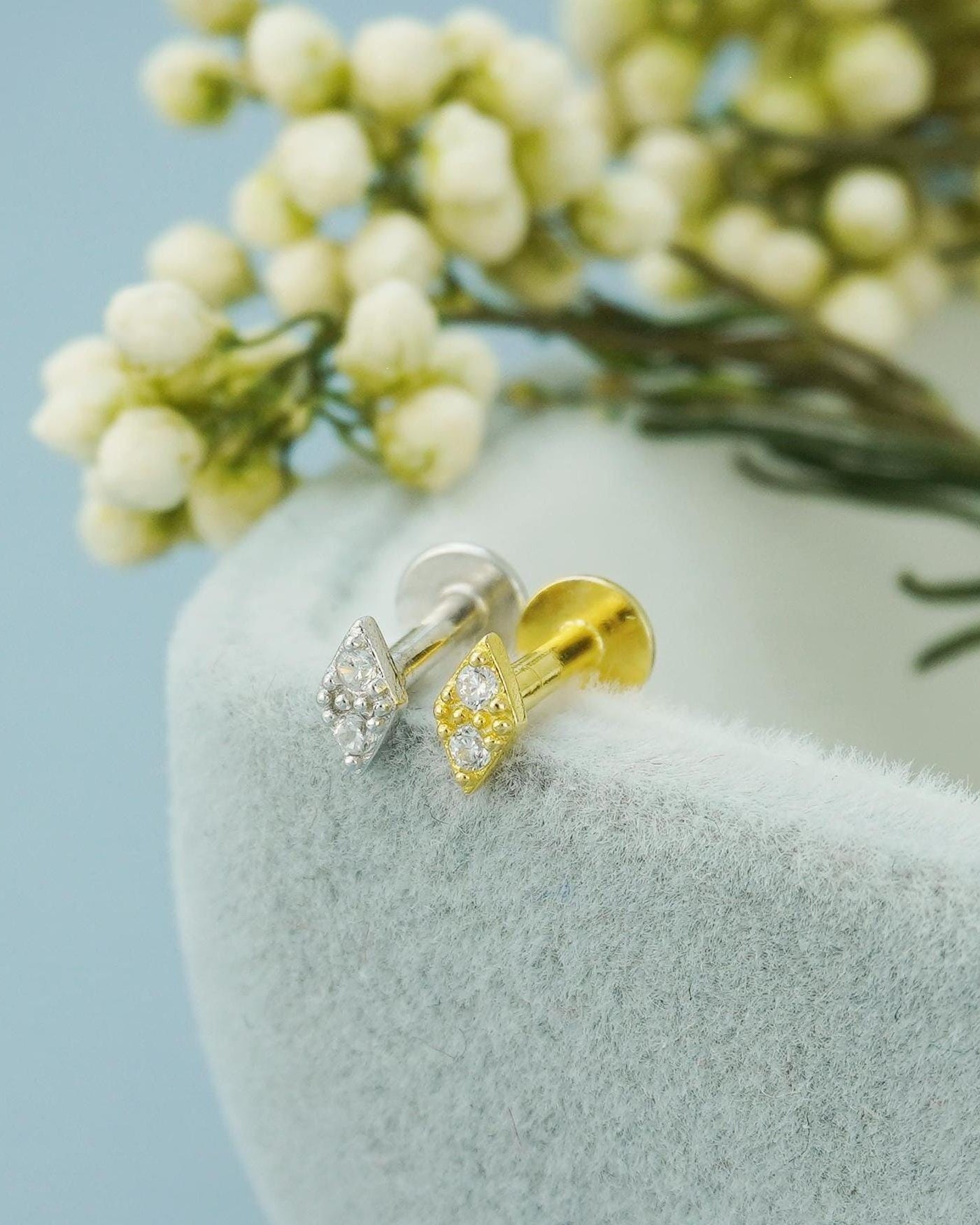 1 pc of VERY TINY Lozenge Rhombus Stud Earring with Double CZ Crystal in Sterling Silver or 18ct Gold Plated, Flat Screw Back