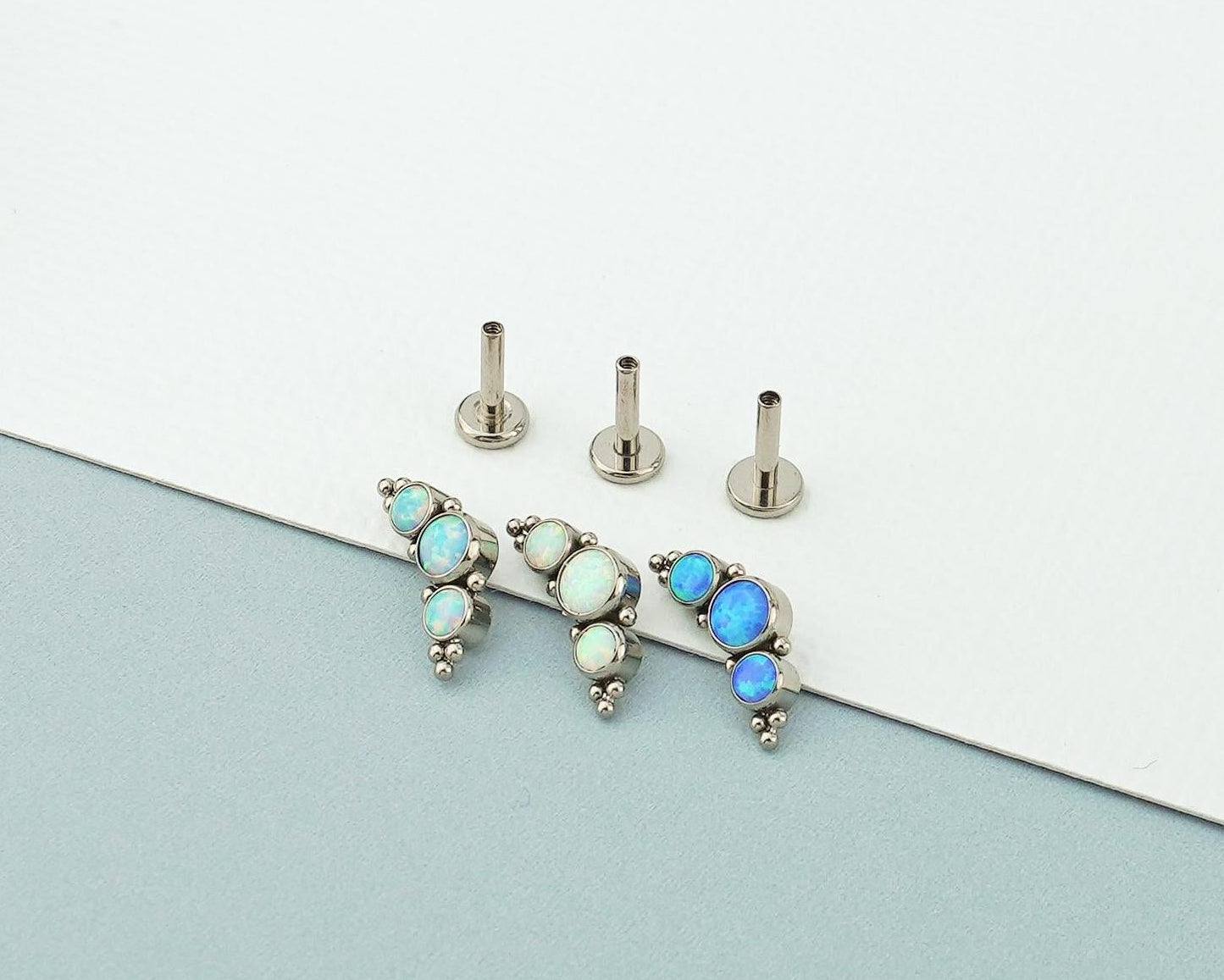 1 pc of Stainless Steel Opal Trio Stud Earring with Flat Screw Back, 3 Gem Cluster in Azure, Pacific Blue or White Stone
