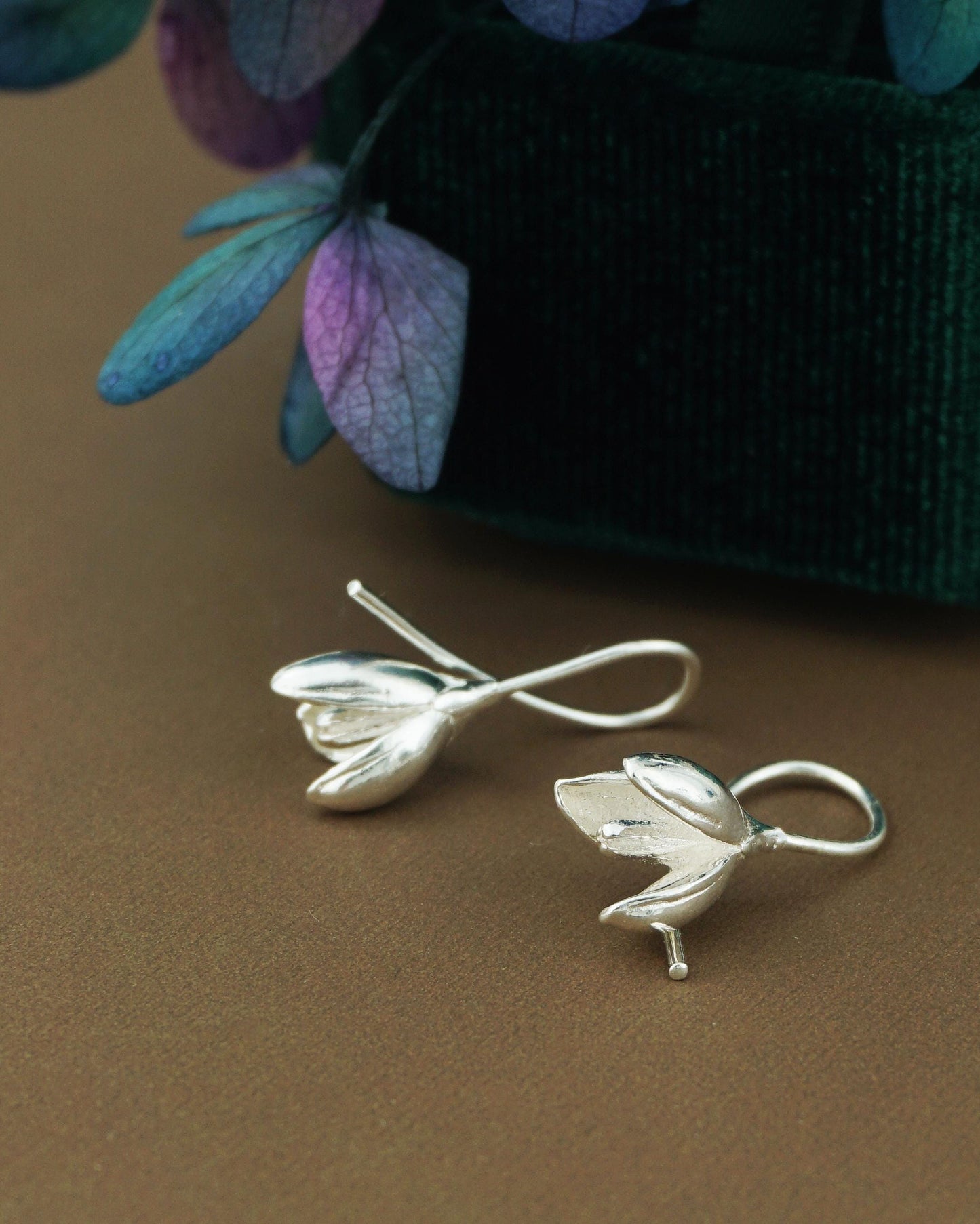 Pair of Snowdrop Flower Hook Earrings in Sterling Silver or Plated Gold