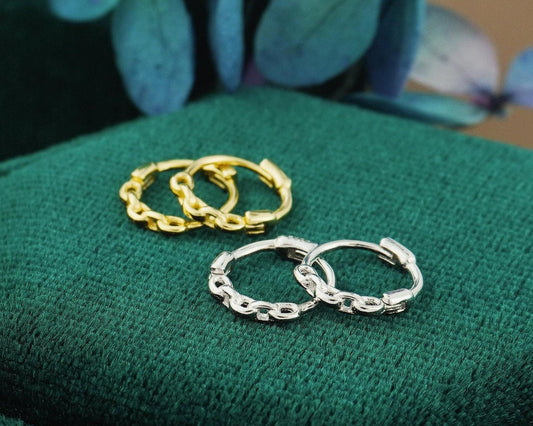 Pair of Tiny Snug Fit Chain Link Huggie Earrings in Sterling Silver or Plated Gold, Lightweight Hoops for Stacking