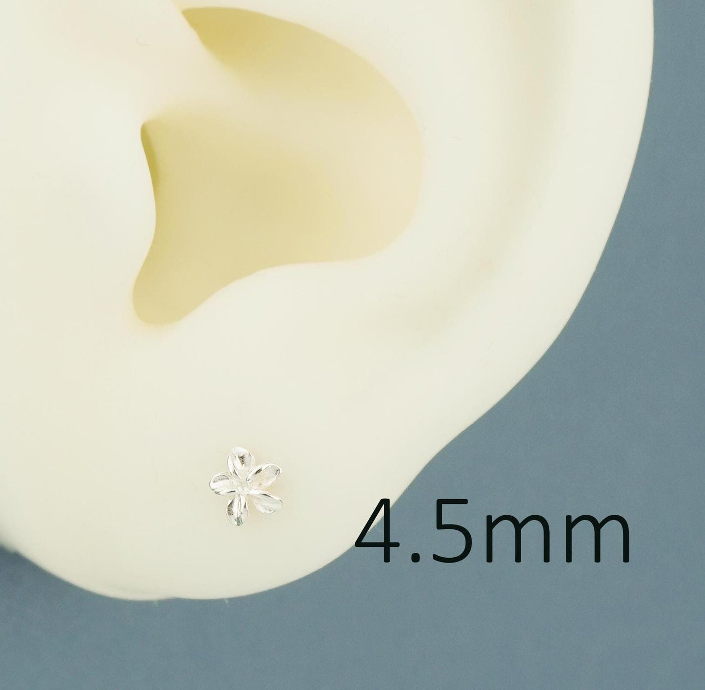 Pair of Tiny Plumeria Flower Stud Earrings in Sterling Silver, 3 Sizes Available