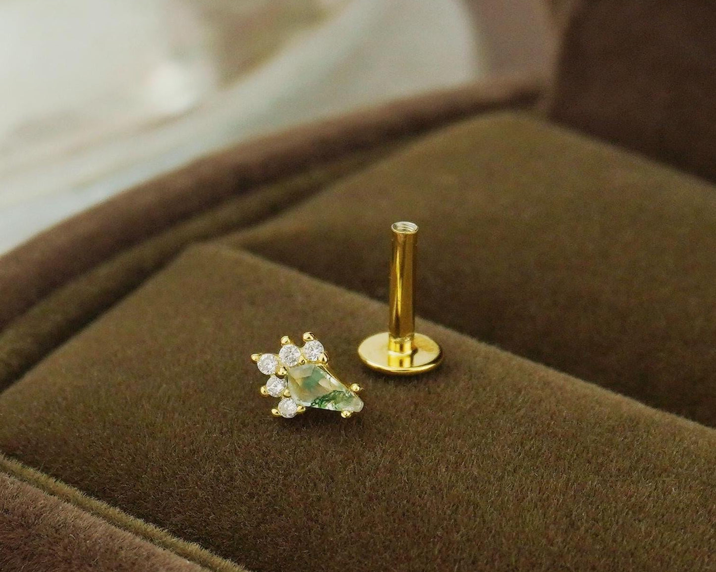 1 pc of Natural Green Moss Agate Kite Shape Flat Back Stud Earring in Sterling Silver or Plated Gold, Dainty CZ Helix Tragus Cartilage Piercing Jewelry