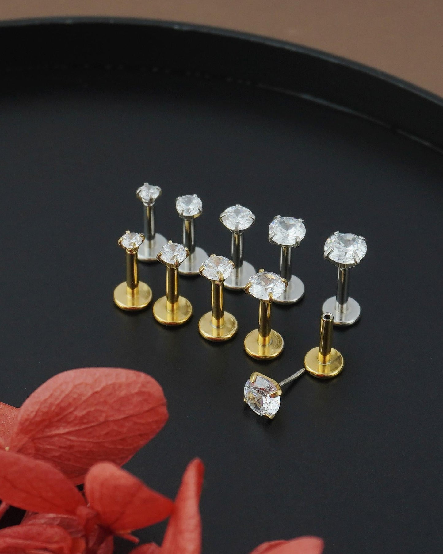 1 pc of Tiny Stainless Steel Push Pin CZ Crystal Stud Earring in Steel or Golden Finish, 5 Sizes Brilliant Round Gem