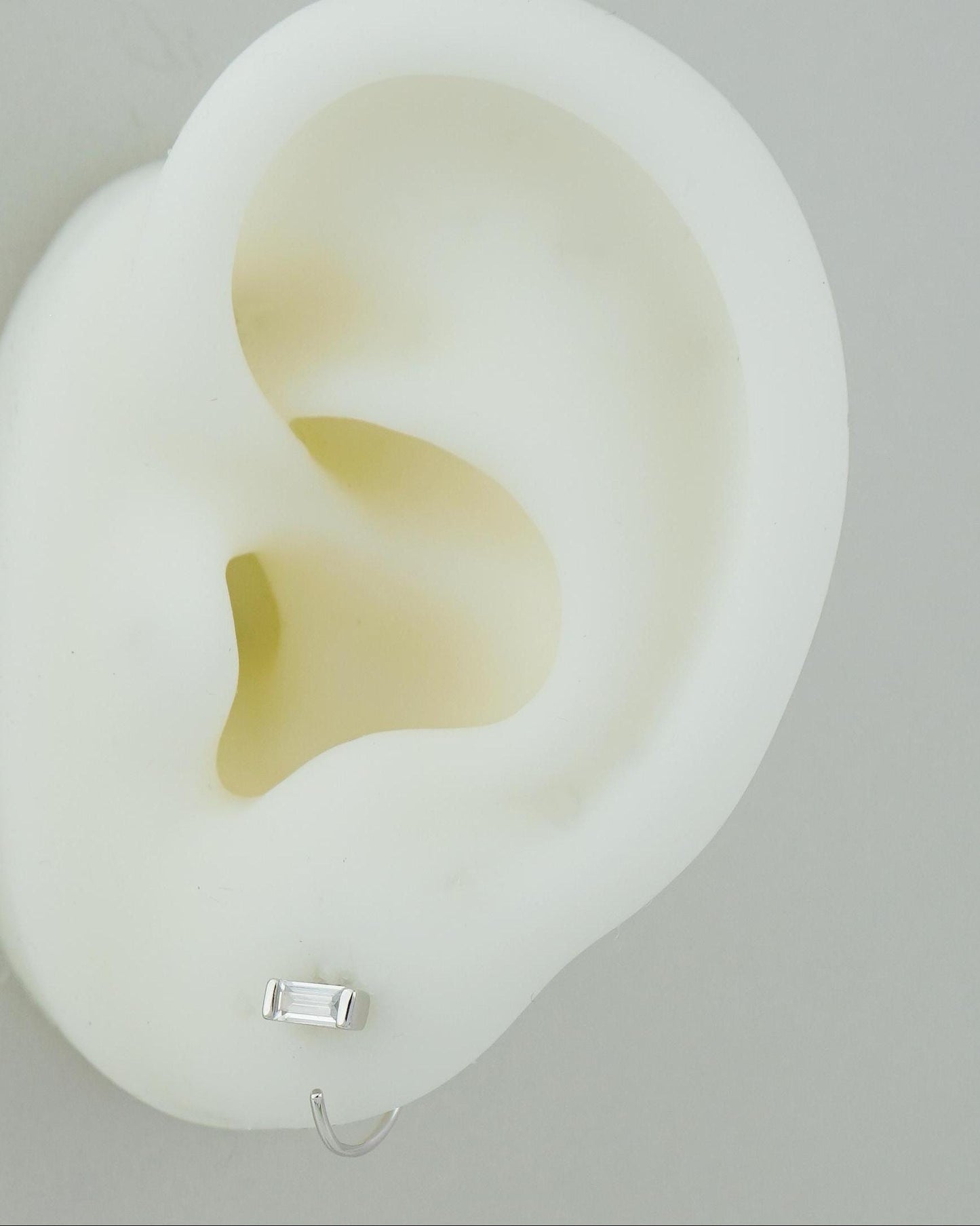 Pair of Tiny Baguette CZ Stone Sterling Silver Threader Earrings in Rhodium or 18ct Gold Plated, C Shape Open Hoop