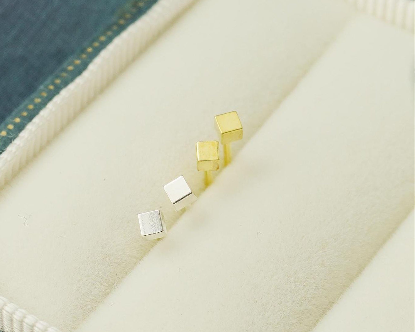 Pair of Tiny 2mm Square Cube Stud Earrings in Sterling Silver or 14ct Gold Plated
