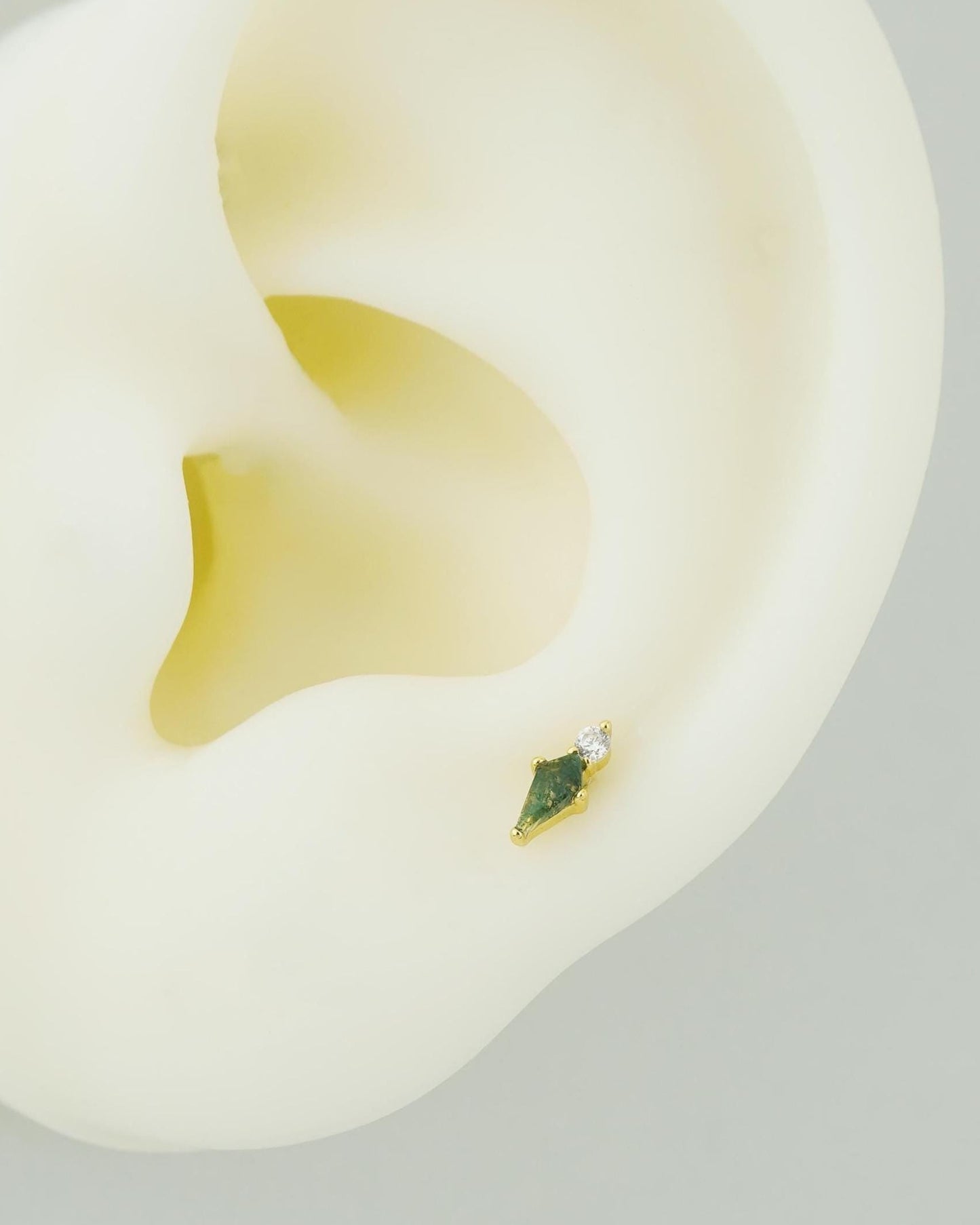 1 pc of Natural Green Moss Agate Kite Shape Flat Back Stud Earring in Gold Plated over Sterling Silver, Helix Tragus Cartilage Piercing Jewelry