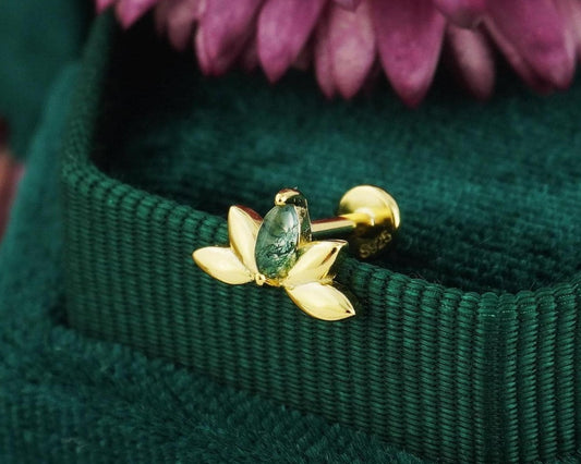 1 pc of Natural Green Moss Agate Marquise Crown Flat Back Stud Earring, Gold Plated over Sterling Silver