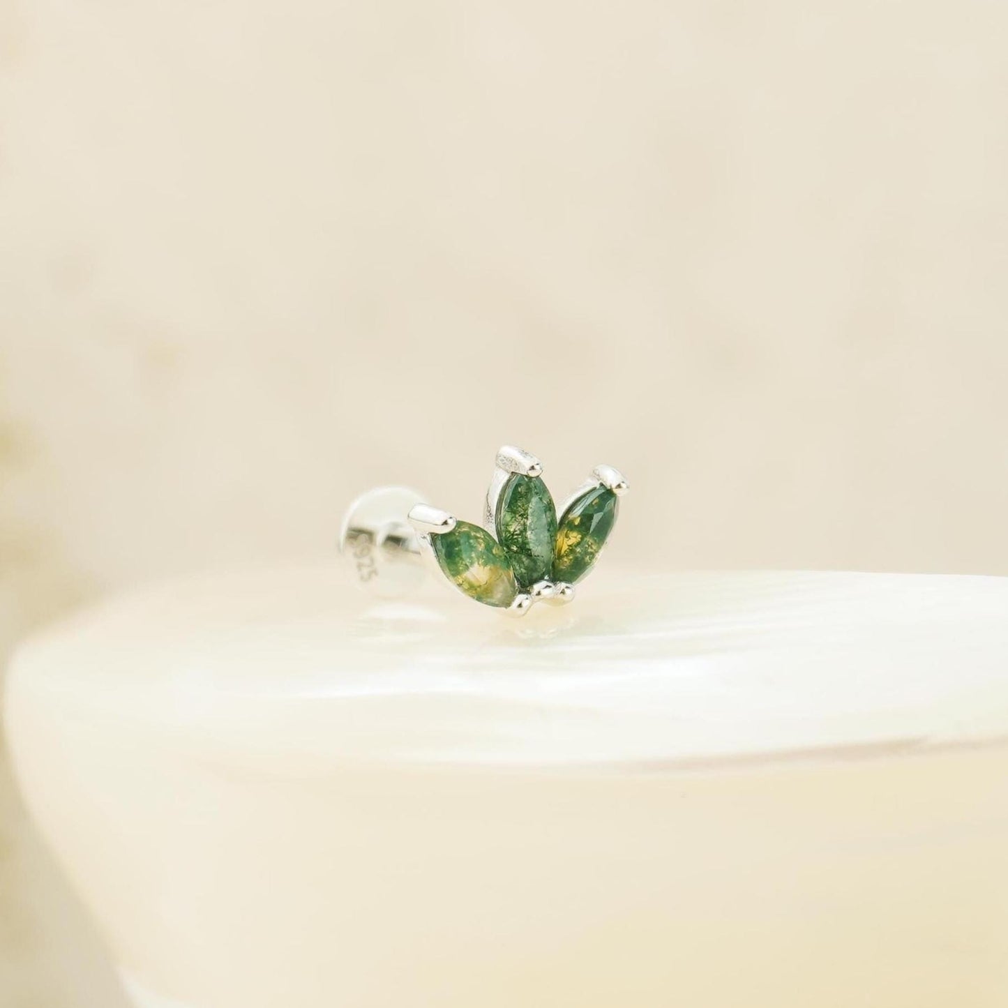 1 pc of Natural Green Moss Agate Triple Marquise Flat Back Stud Earring in Sterling Silver or Plated Gold