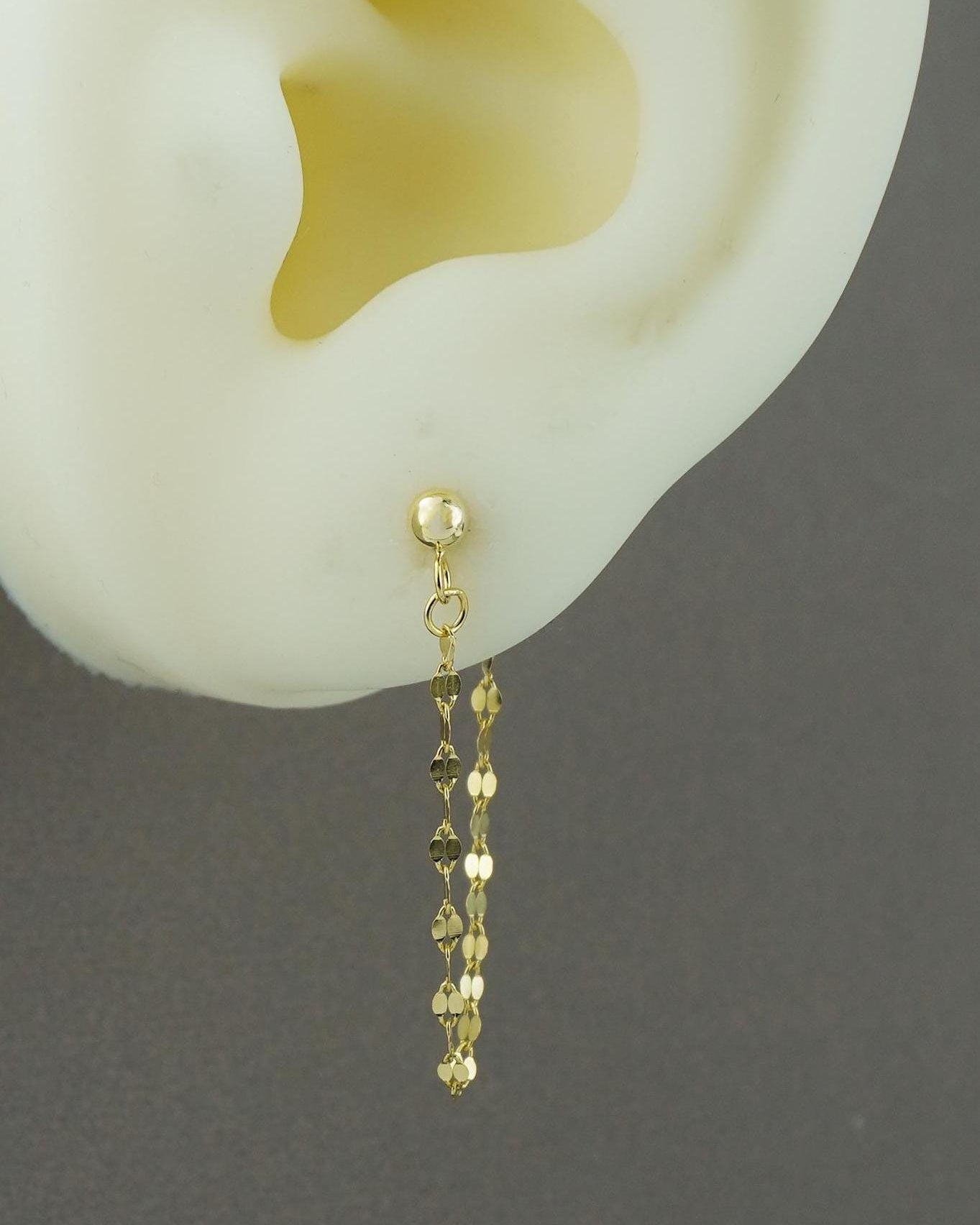 Pair of Flat Sequin Lace Chain Stud Earrings in 18ct Gold Plated over Sterling Silver, Front & Back Minimal Lip Chain Ear Jacket