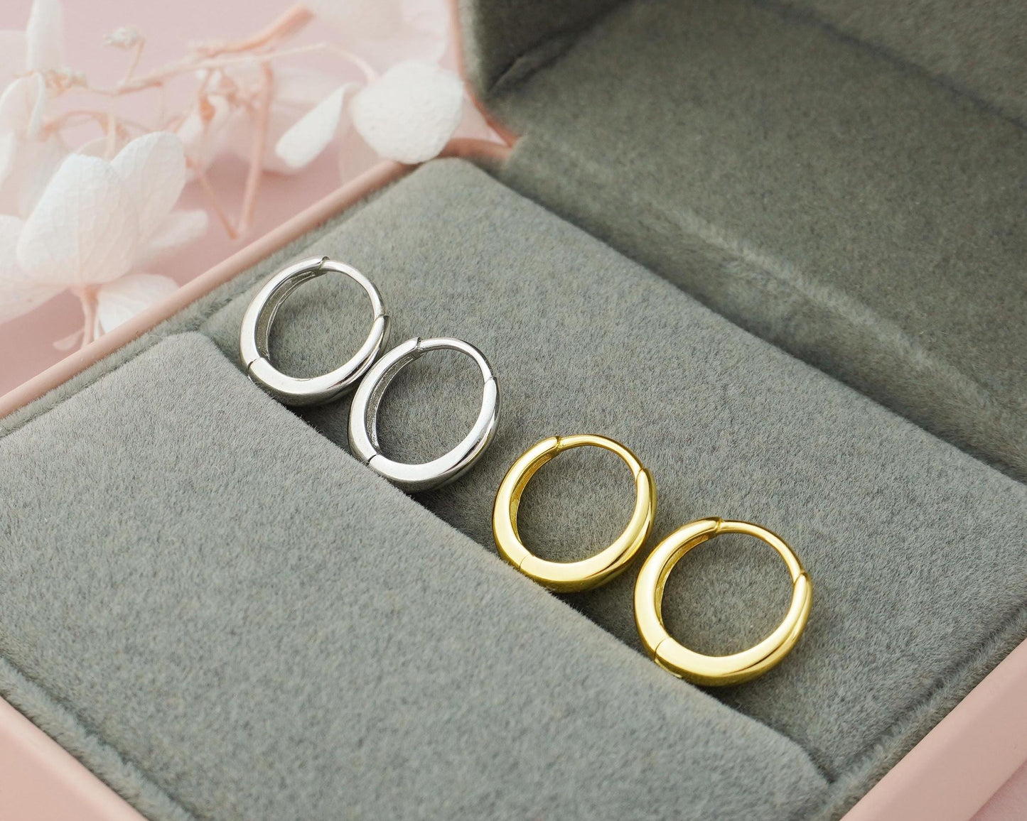 Pair of Skinny Round Edged Huggie Hoop Earrings in Sterling Silver or 18ct Gold Plated