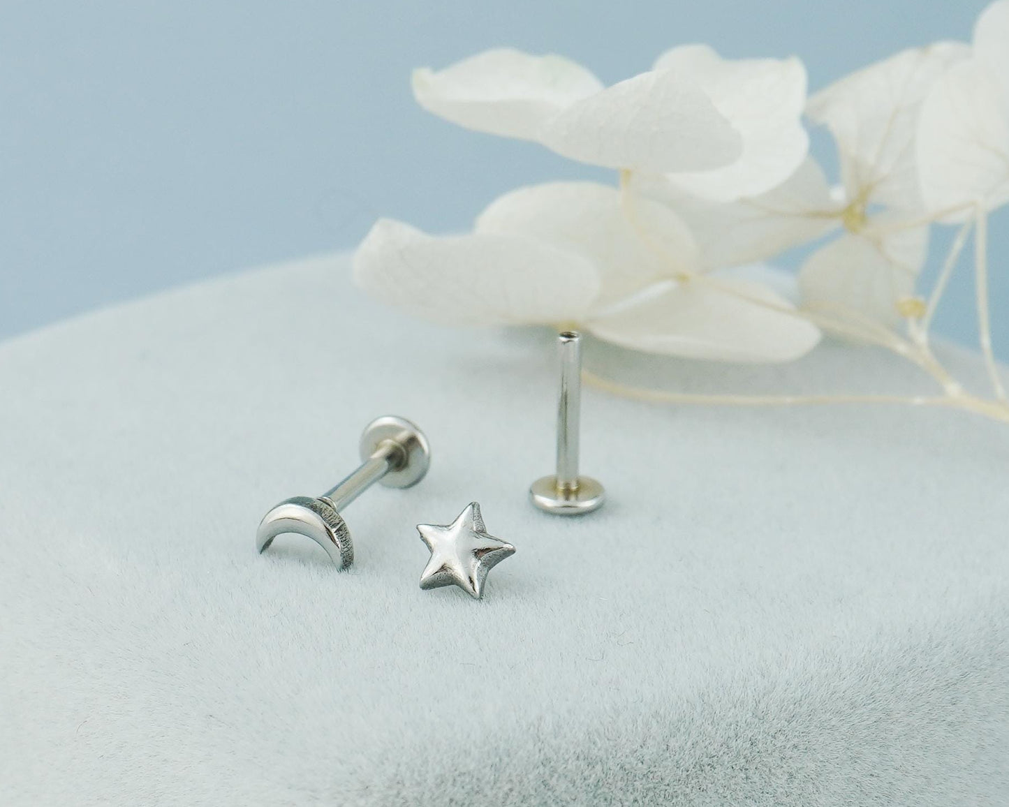 Pair of Mismatched Stainless Steel Star & Crescent Moon Stud Earrings in Steel or Golden, Flat Screw Back, 16G 6mm or 8mm post