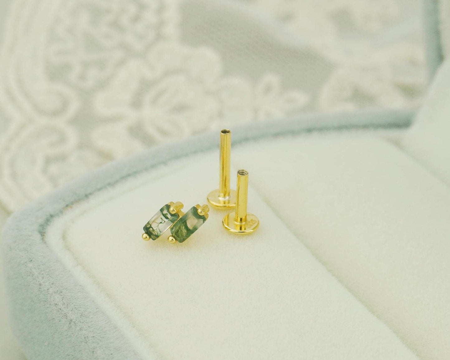 1 pc of Natural Green Moss Agate Double Baguette Stud Earring in Gold Plated over Sterling Silver, Cartilage Helix Lobe Piercing