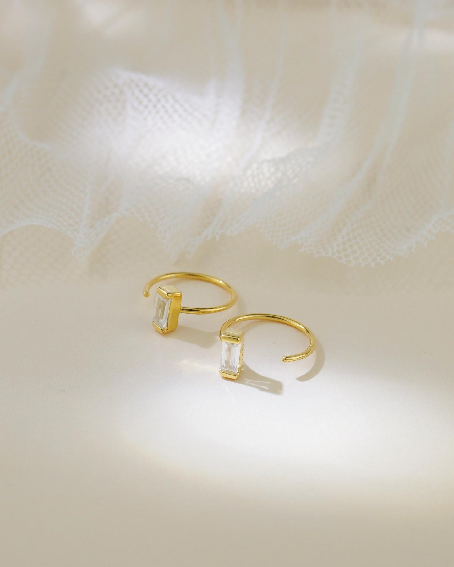 Pair of Tiny Baguette CZ Stone Sterling Silver Threader Earrings in Rhodium or 18ct Gold Plated, C Shape Open Hoop