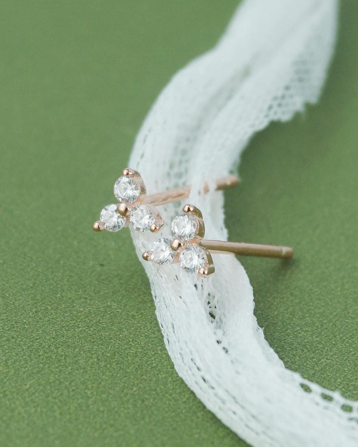 Pair of Tiny Trinity CZ Sterling Silver Stud Earrings in Rhodium, 18ct Gold or Rose Gold Plated, Trio Triangle Stacking Jewelry