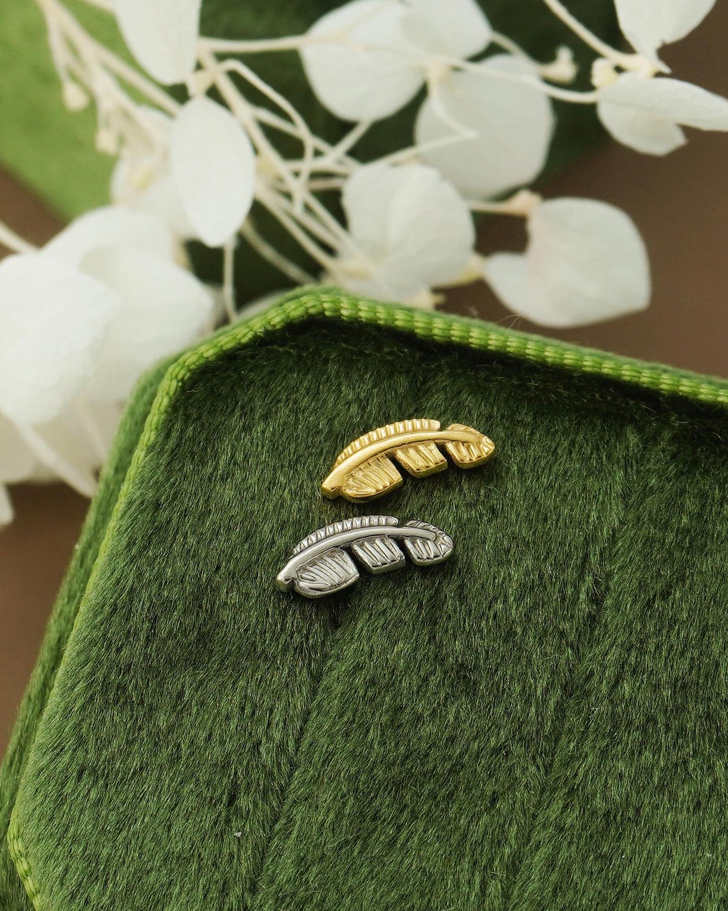 1 pc of Push pin Stainless Steel Flat Back Feather Stud Earring in Steel or Gold Finish