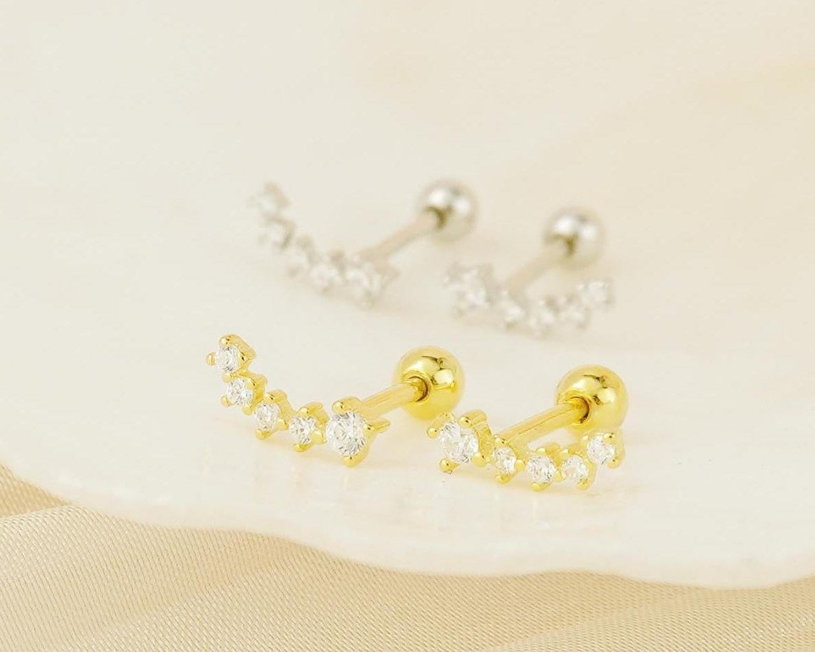 Pair of Sterling Silver 5 CZ Stud Earrings in Rhodium or 18ct Gold Plated, Sparkly Star Climber with Screw Back