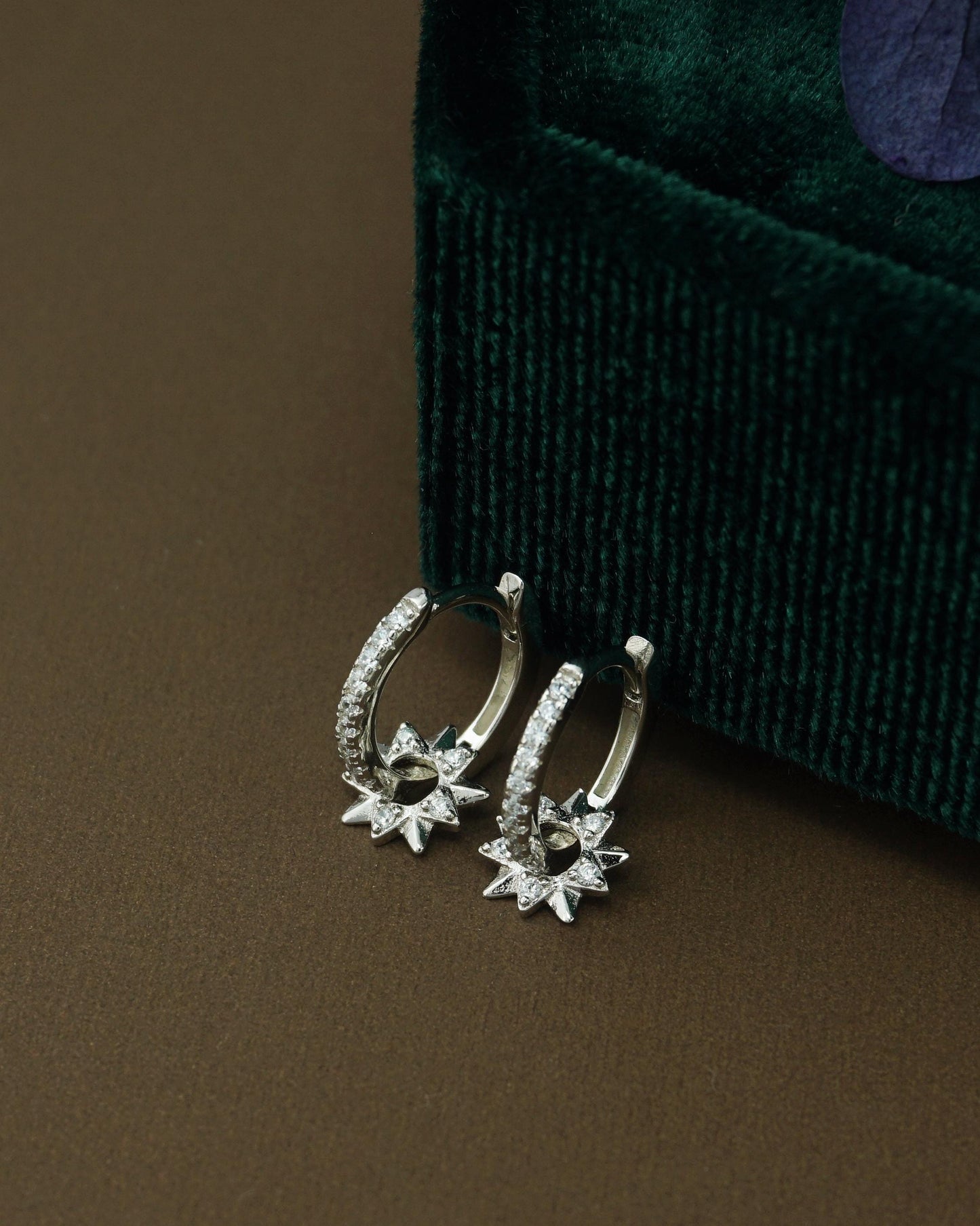 Pair of Sun Huggie Hoop Earrings in 925 Sterling Silver or Plated Gold, Sunburst Charm, CZ Paved Loop