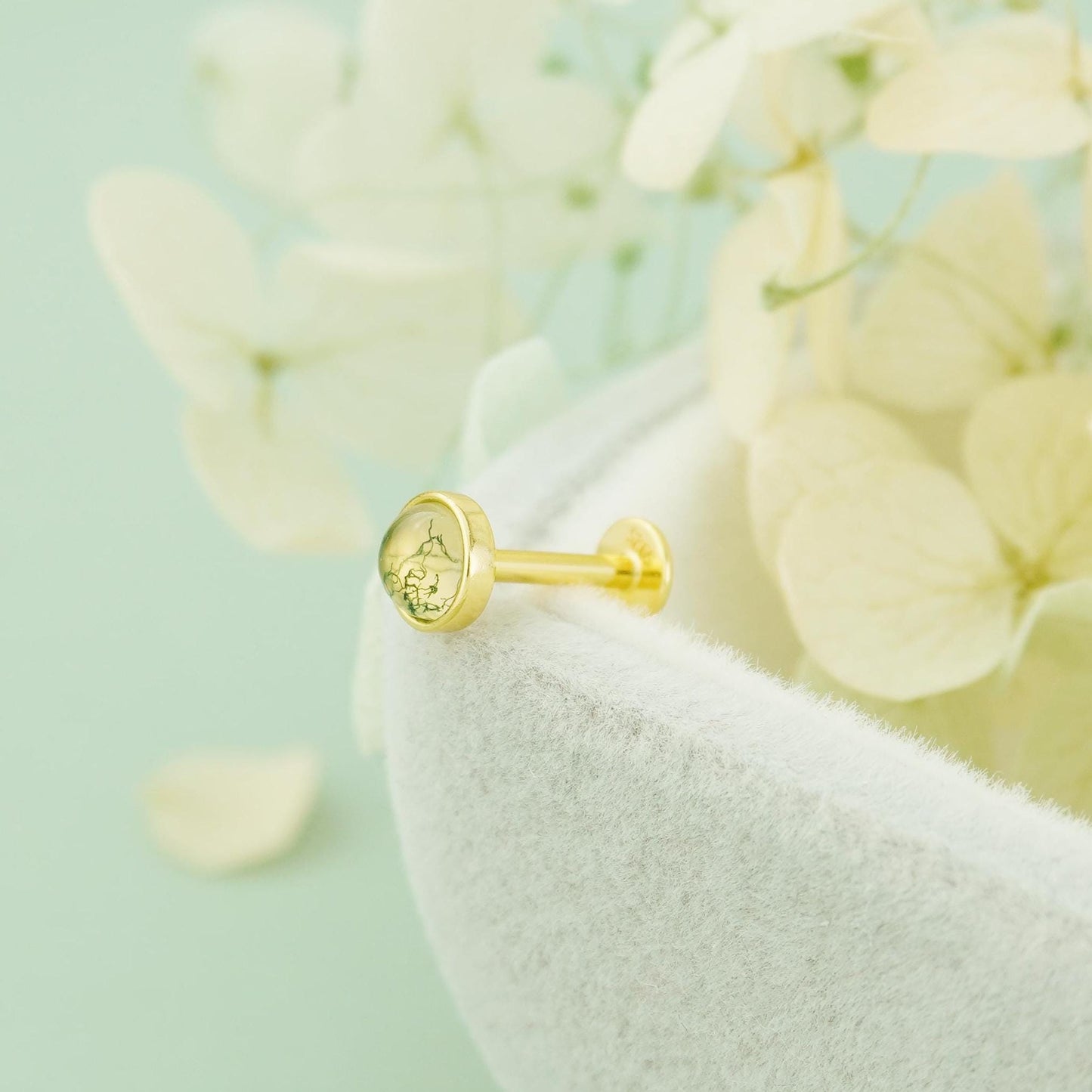 1 pc of Natural Green Moss Agate Cabochon Flat Back Stud Earring in Sterling Silver or Plated Gold, Dainty 5mm Bezel Ear Jewelry