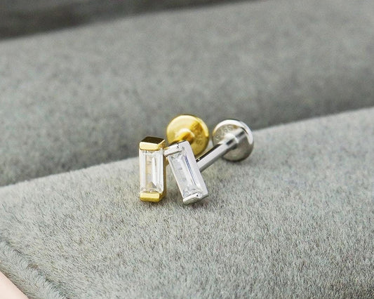 1 pc of Tiny Baguette CZ Stone Sterling Silver Stud Earring in Rhodium or 18ct Gold Plated