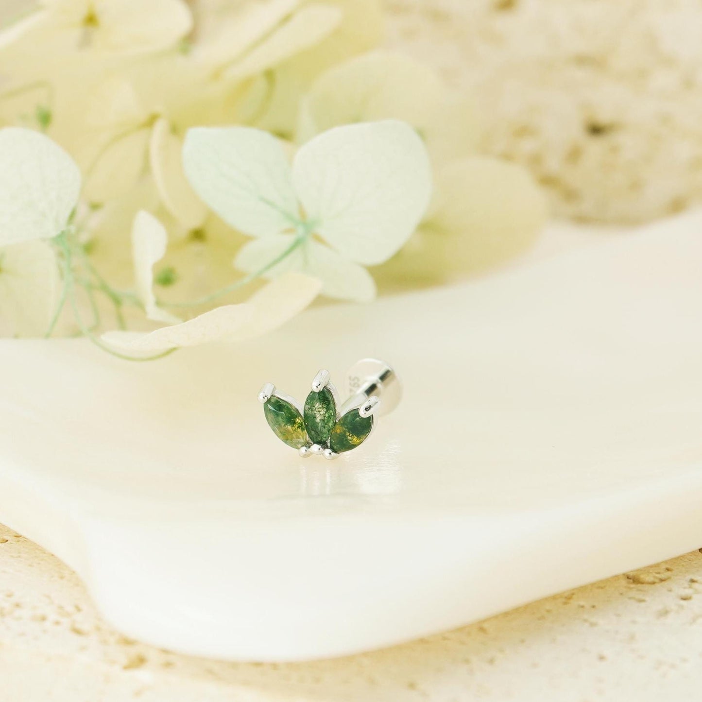 1 pc of Natural Green Moss Agate Triple Marquise Flat Back Stud Earring in Sterling Silver or Plated Gold