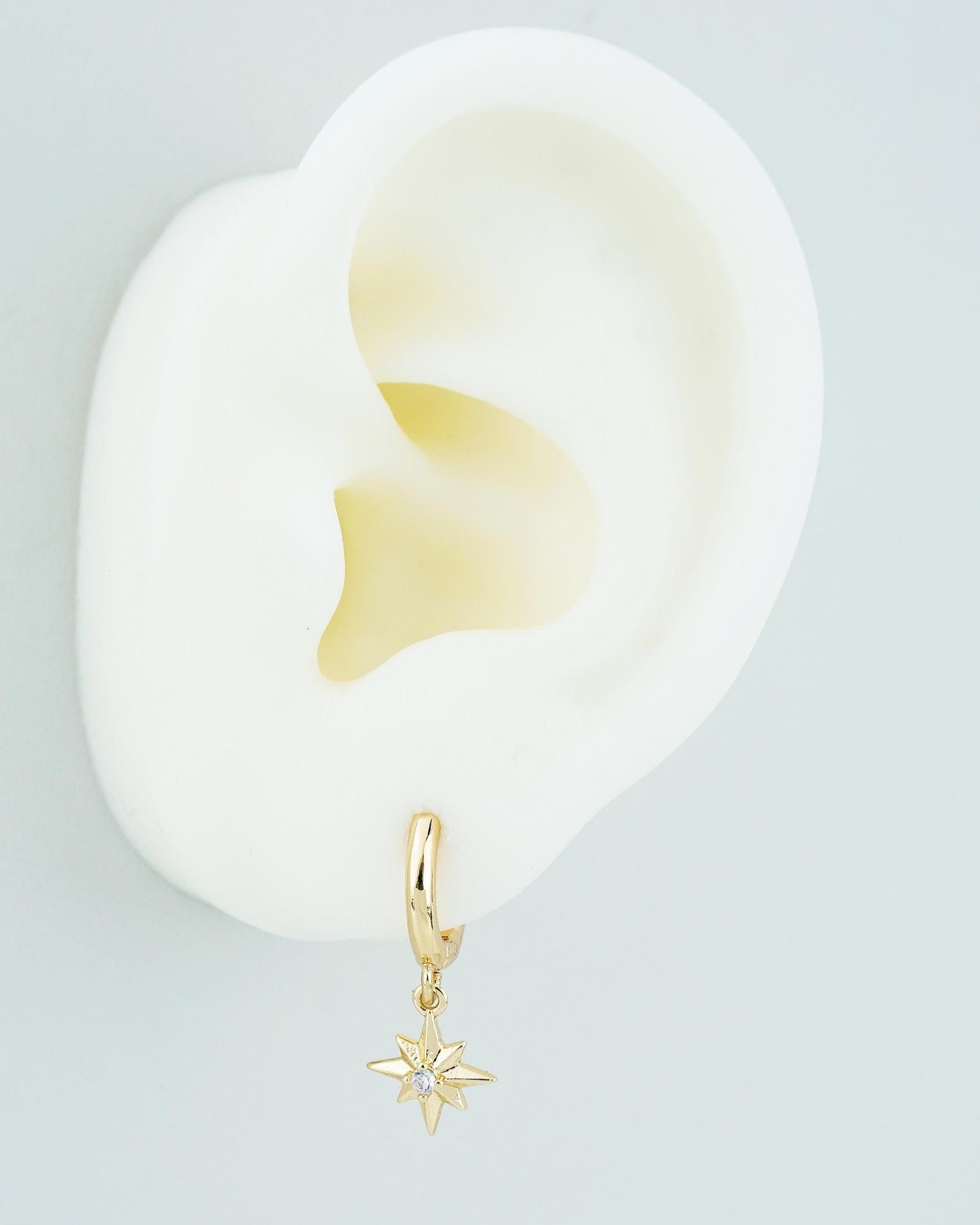 Pair of Starburst Huggie Hoop Earrings in Gold Plated Brass, Sunburst Charm with Sparkly CZ