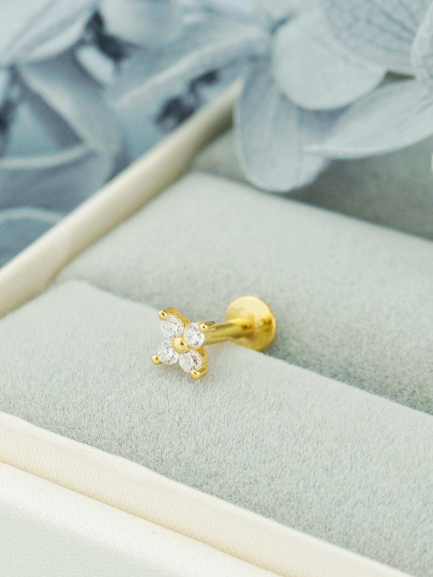 Quartet CZ Hydrangea Flat Screw Back Stud Earring in Sterling Silver, Gold or Rose Gold Finish