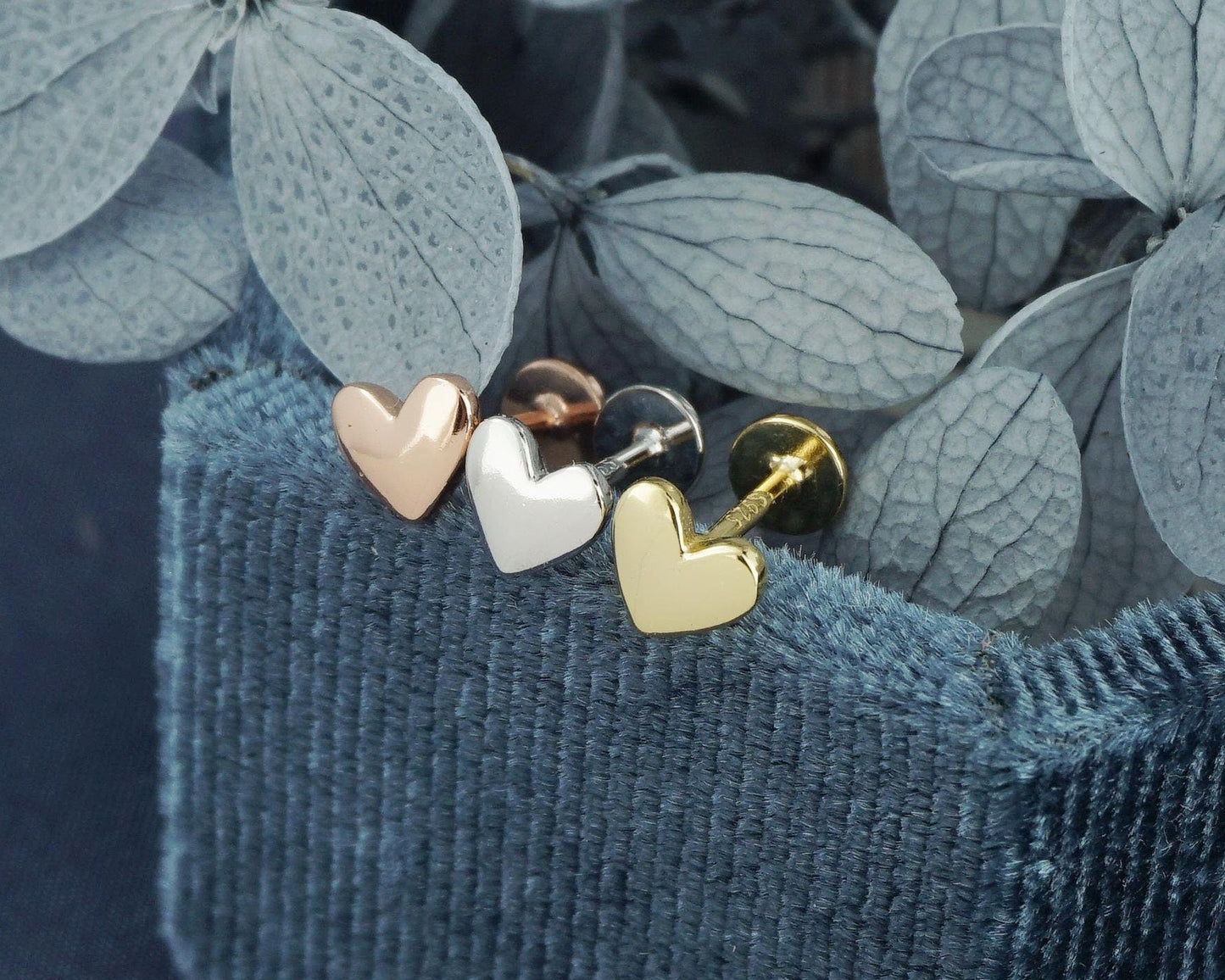 Pair of Tiny Heart Stud Earrings in Sterling Silver, 14ct Gold or Rose Gold, Flat Screw Back Piercing