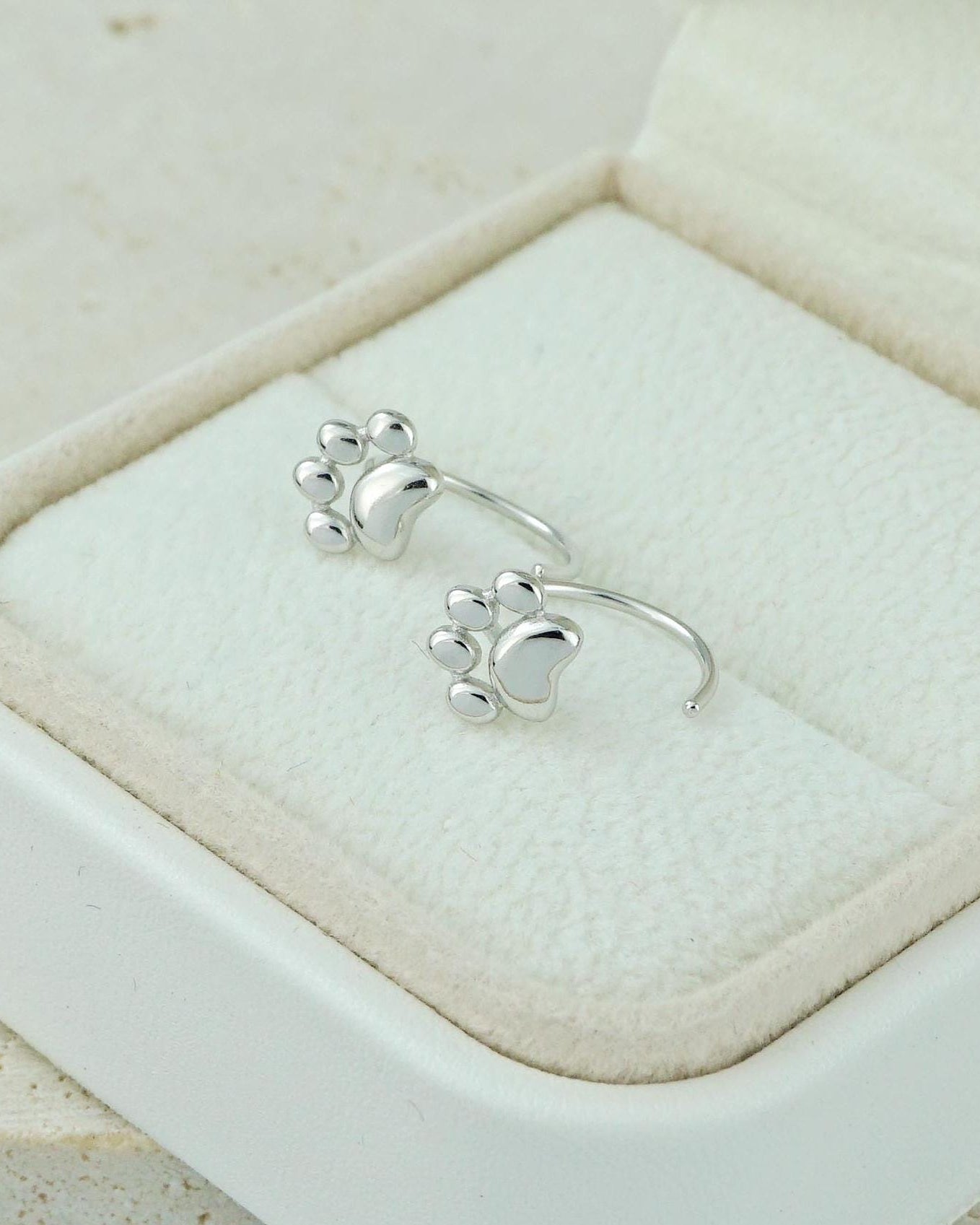 Pair of Tiny Animal Paw Print Threader Earrings in Sterling Silver, Whimsical Jewelry for Dog Cat Lover, Comfy C Shape Open Loop
